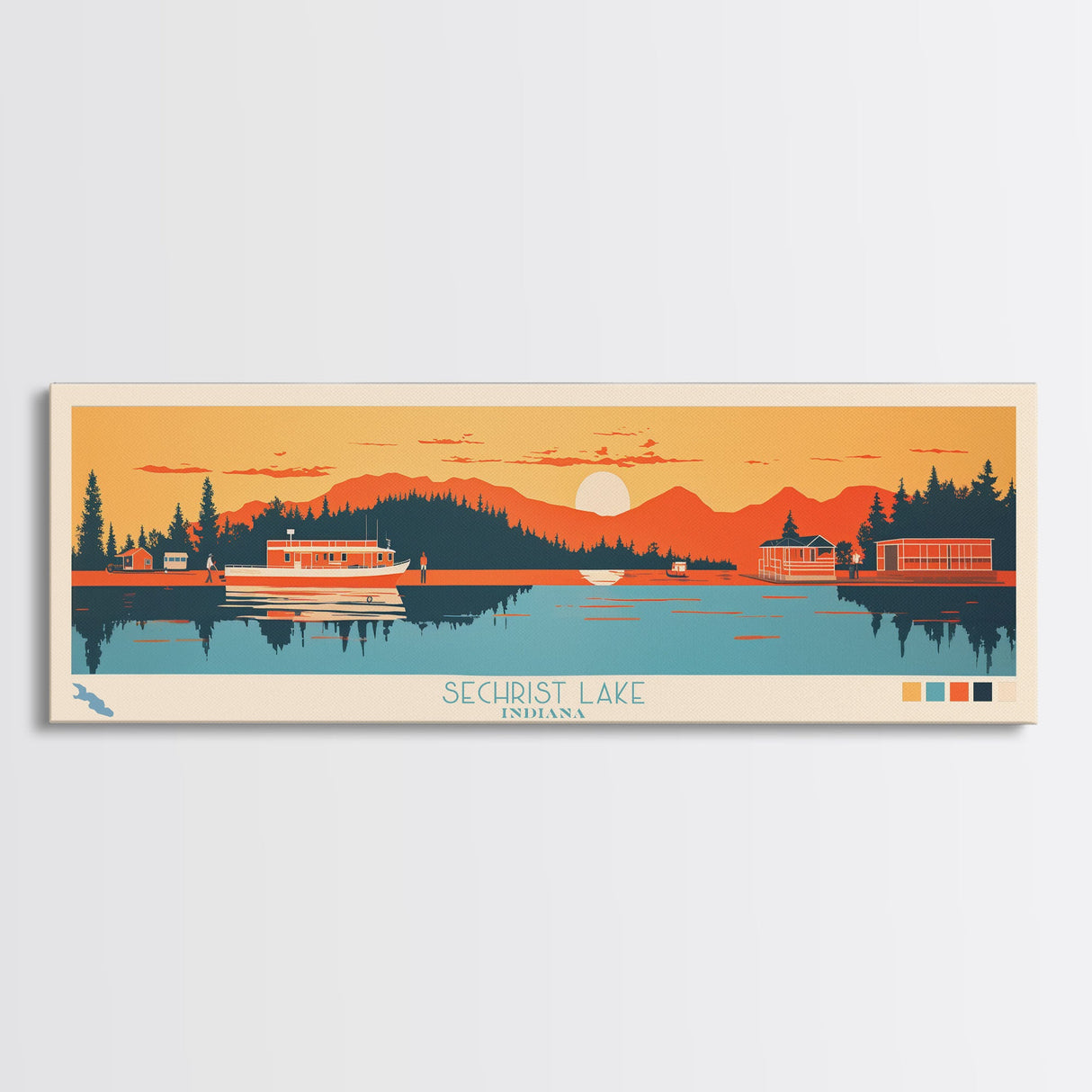 Sechrist Lake, Indiana Framed Canvas Print, Panoramic Travel Poster, Midcentury Modern Art, Living Room Decor, Pop Art, Wall Decoration