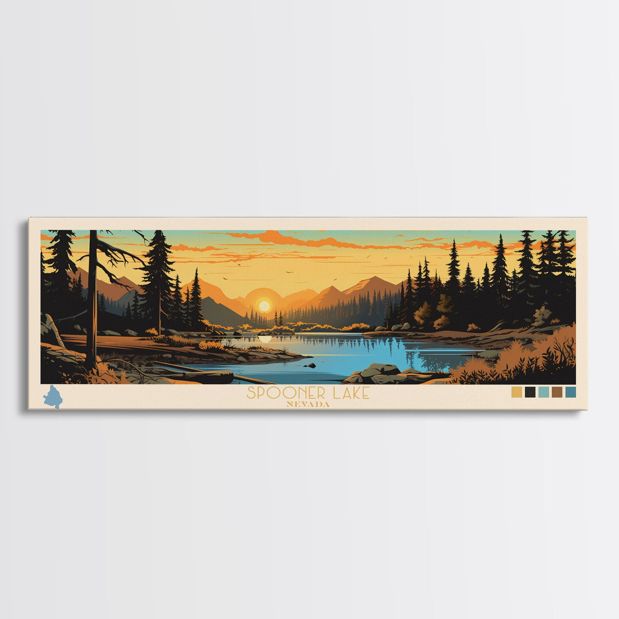 Spooner Lake, Nevada Framed Canvas Print, Lake House Decor, Midcentury Modern Art, Pop Art, Travel Poster, Bedroom Wall Art