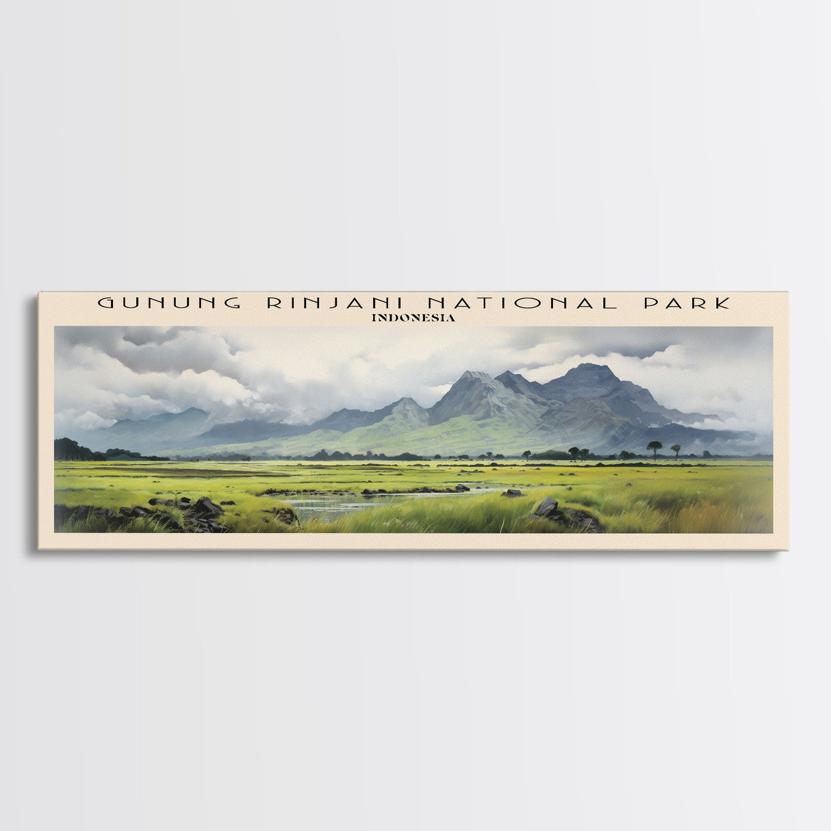 Gunung Rinjani National Park COUNTRY | Framed Travel Poster Canvas Print | Trendy Wall Art | Watercolor Painting | Living Room Art | Unique Art