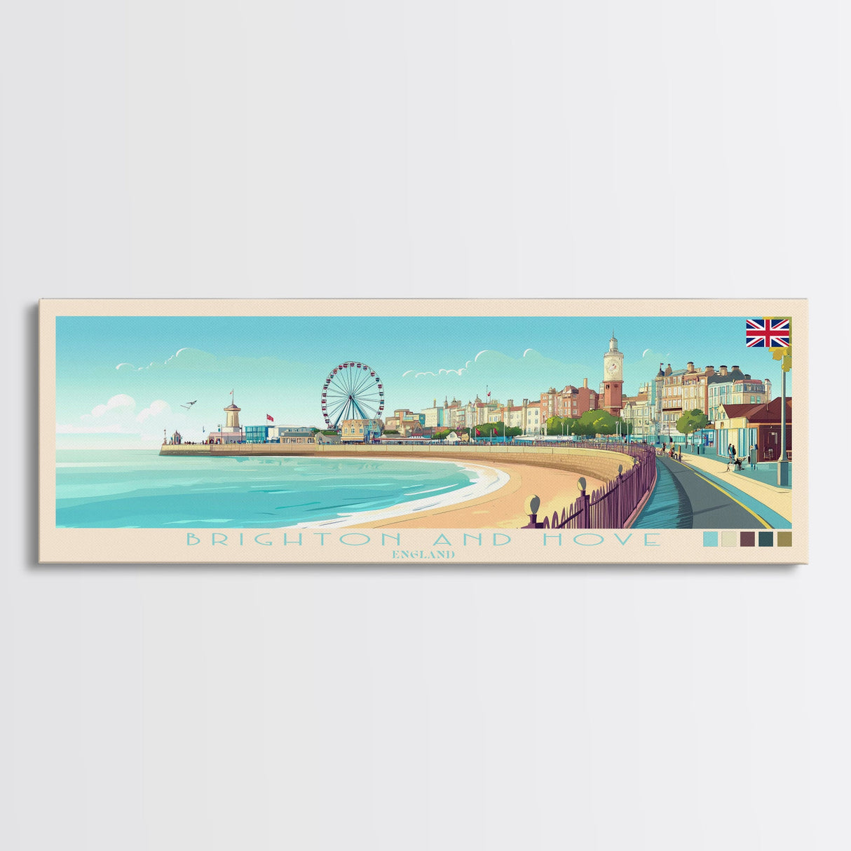 Brighton and Hove, England Travel Poster Panoramic Canvas Print, Brighton and Hove, England Painting, England Art, Brighton and Hove Travel Art, Guest Room Painting