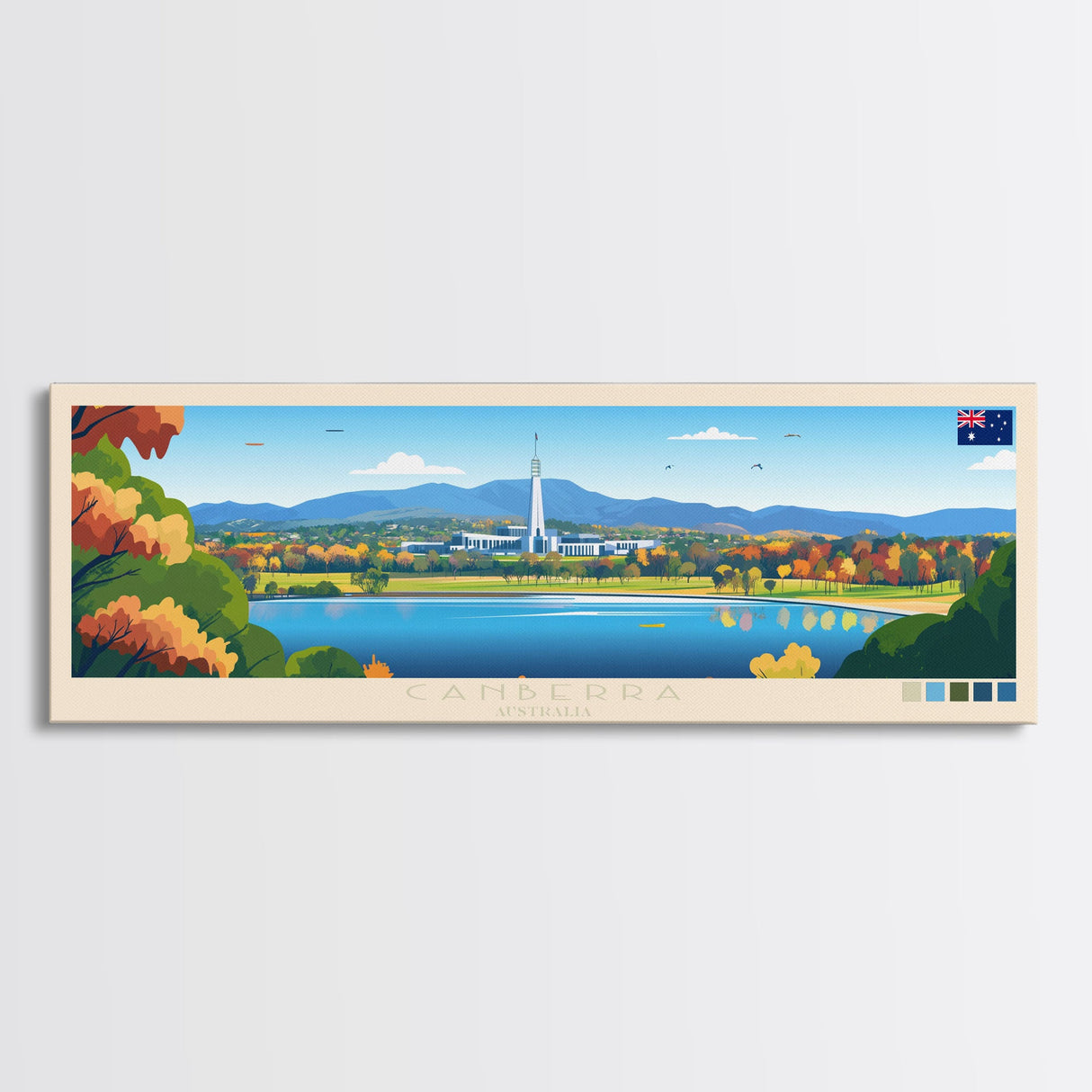 Canberra, Australia Panoramic Travel Poster Canvas Print, Canberra, Australia Painting, Australia Art, Canberra Travel Art, Guest Room Painting