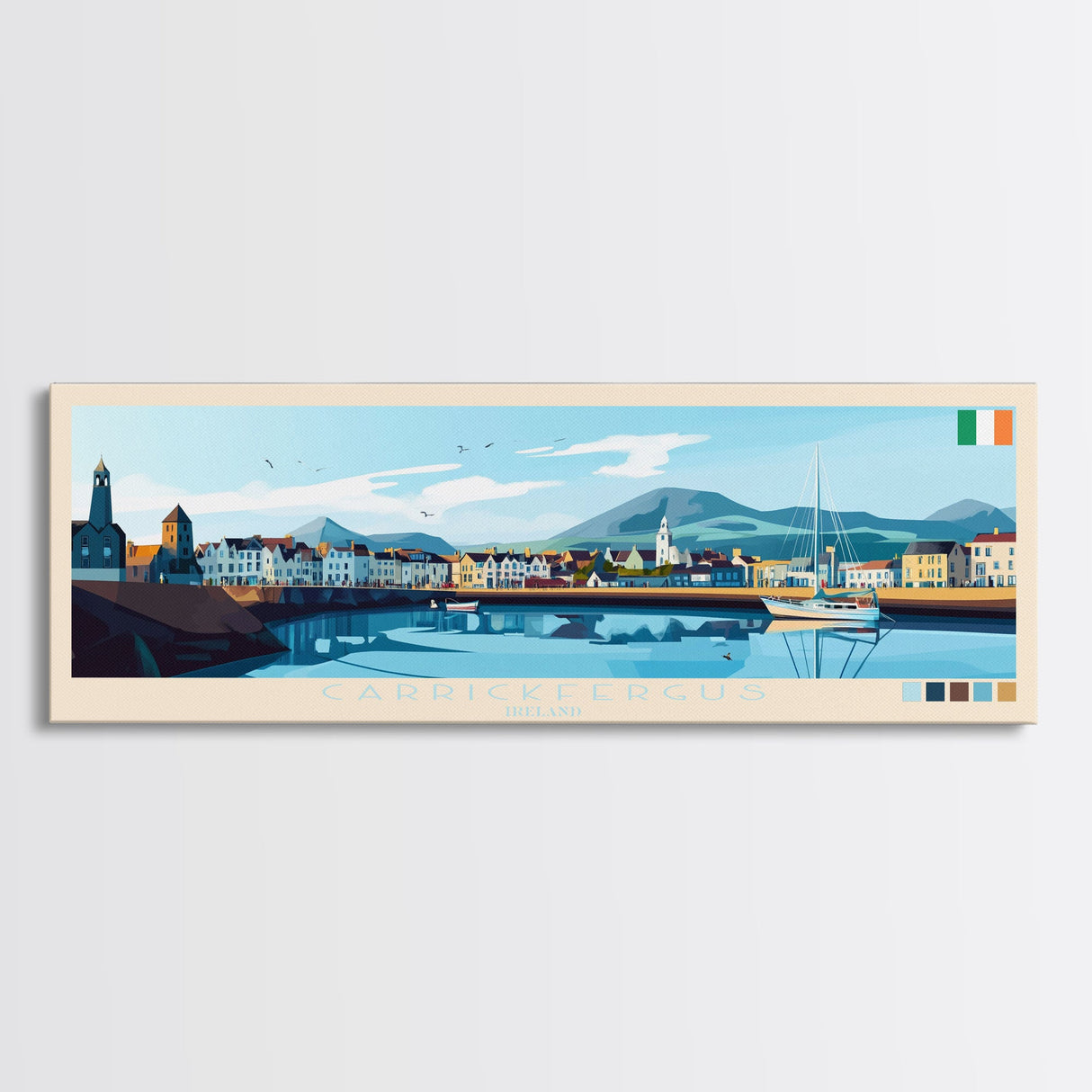 Carrickfergus, Ireland Panoramic Travel Poster Canvas Print, Carrickfergus, Ireland Painting, Ireland Art, Carrickfergus Panoramic Travel Art, Travel Painting
