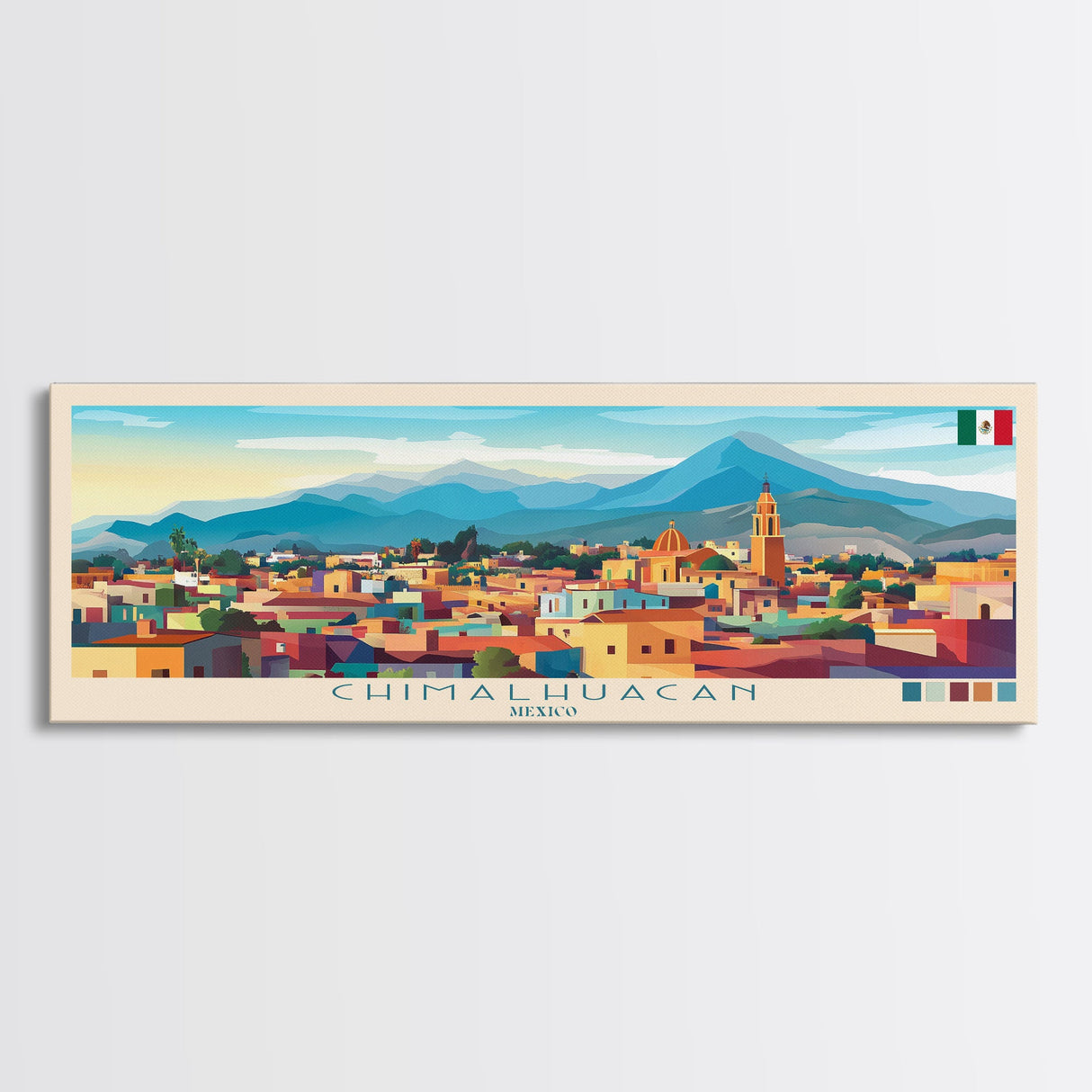 Chimalhuacan, Mexico Panoramic Travel Poster Canvas Print, Chimalhuacan, Mexico Painting, Mexico Art, Chimalhuacan Travel Art, Guest Room Painting