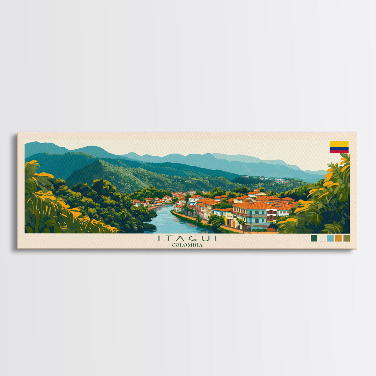 Panoramic Travel Poster Itagui, Colombia Canvas Print, Itagui, Colombia Painting, Colombia Art, Itagui Travel Art, Guest Room Painting