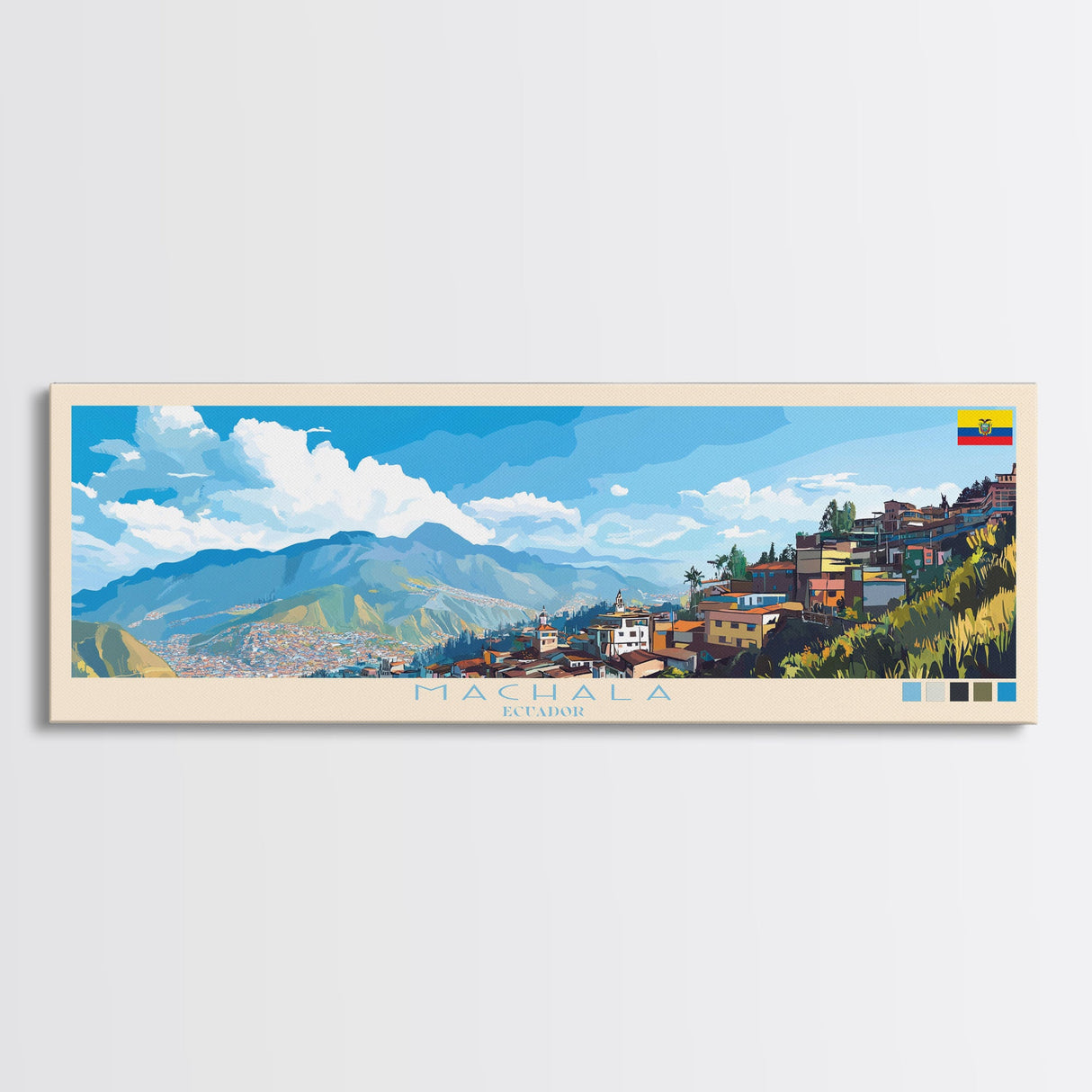 Panoramic Travel Poster Machala, Ecuador Canvas Print, Machala, Ecuador Painting, Ecuador Art, Machala Travel Art, Guest Room Painting