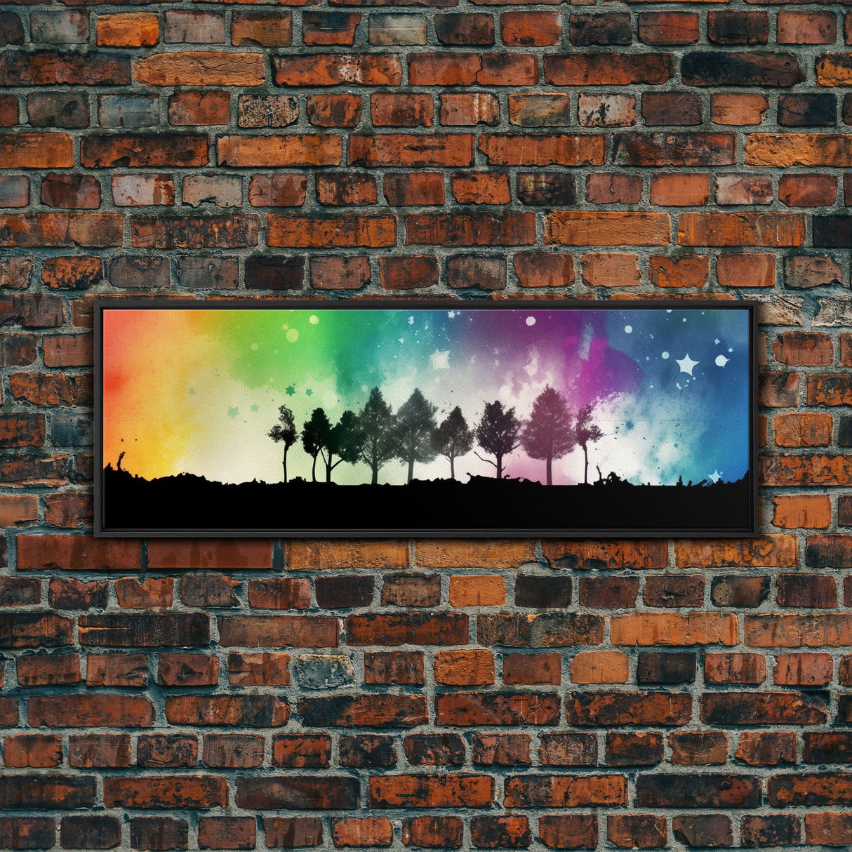 Large Abstract Art Print, Colorful Watercolor Sky, Silhouette Trees, Tie Die Sky, Framed Canvas Print, Panoramic, Wall Art, Canvas Print