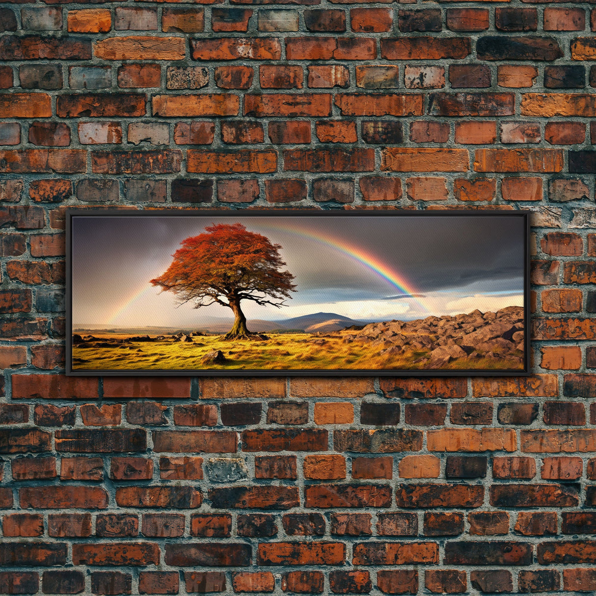 Landscape Wall Art, Vintage Art, Framed Canvas Print, Rainbow Over The Prairie Photography Print, Panoramic Style Extra Large Art