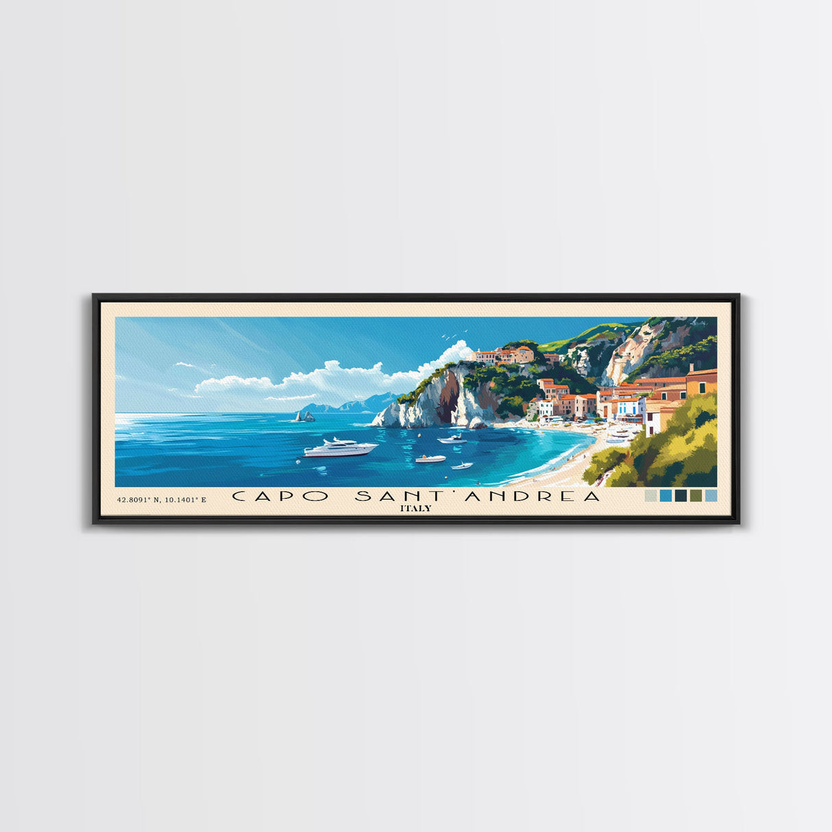 Capo Sant’Andrea, Italy Panoramic Beach Print, Vacation Gift, Italy Wall Art, Framed Canvas Print, Framed Beach Painting