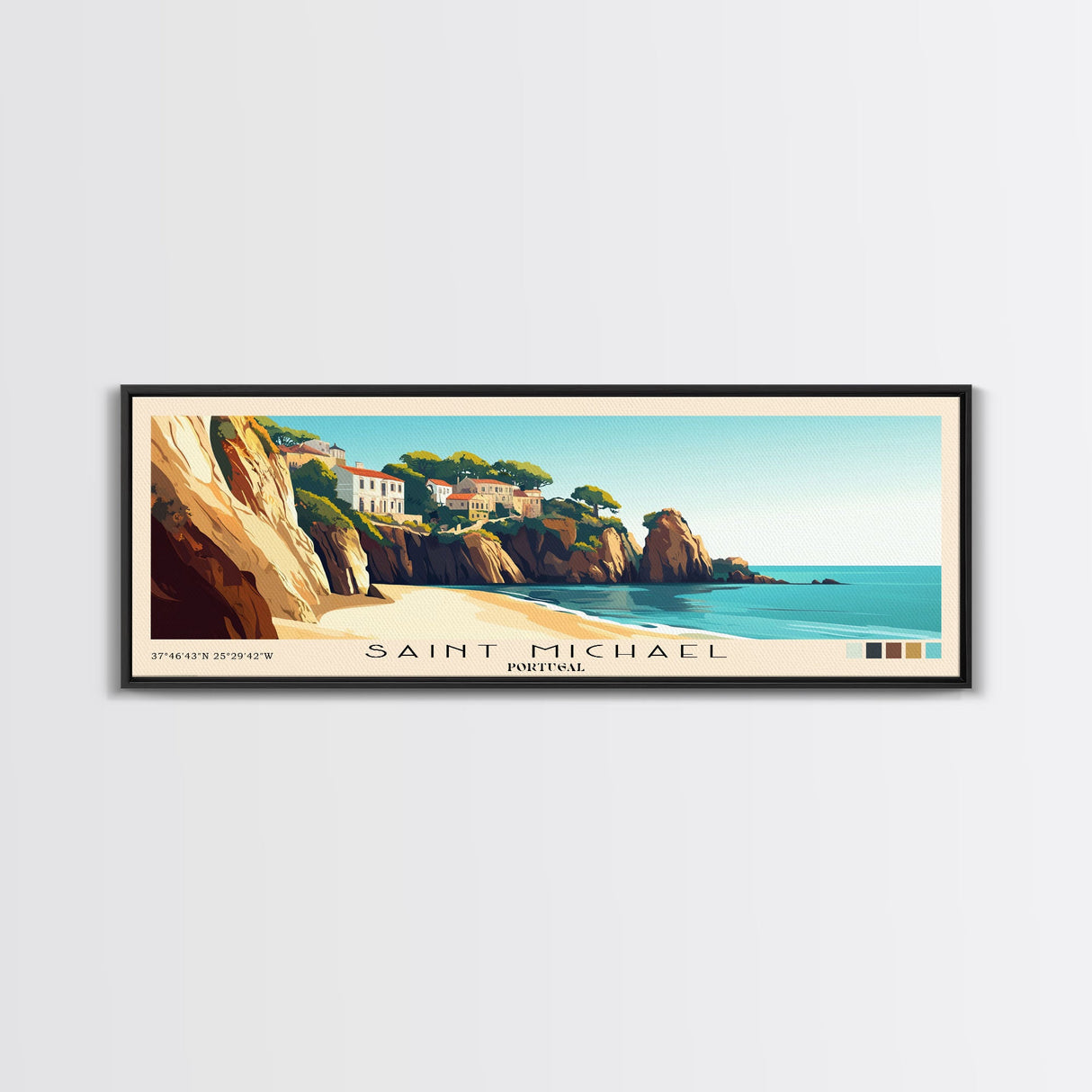 Saint Michael, Portugal Panoramic Print, Vacation Gift, Portugal Wall Art, Beach Painting, Beach Decor, Large Wall Art, Wood Frame Art