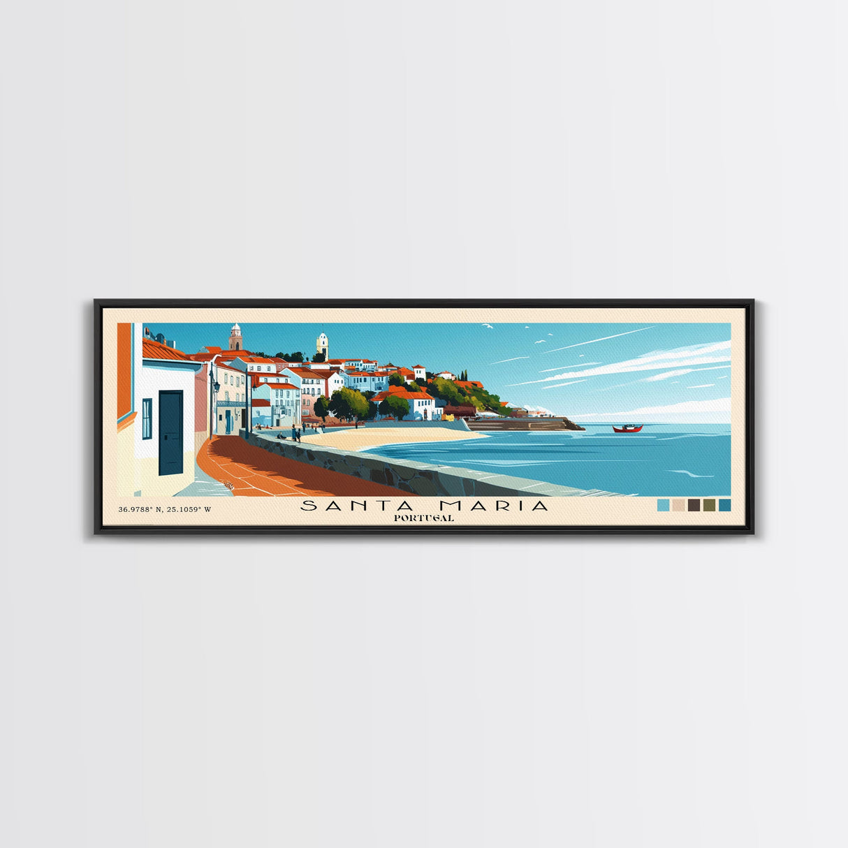 Santa Maria, Portugal Panoramic Beach Print, Vacation Gift, Portugal Wall Art, Beach Painting, Beach Decor, Beach Painting
