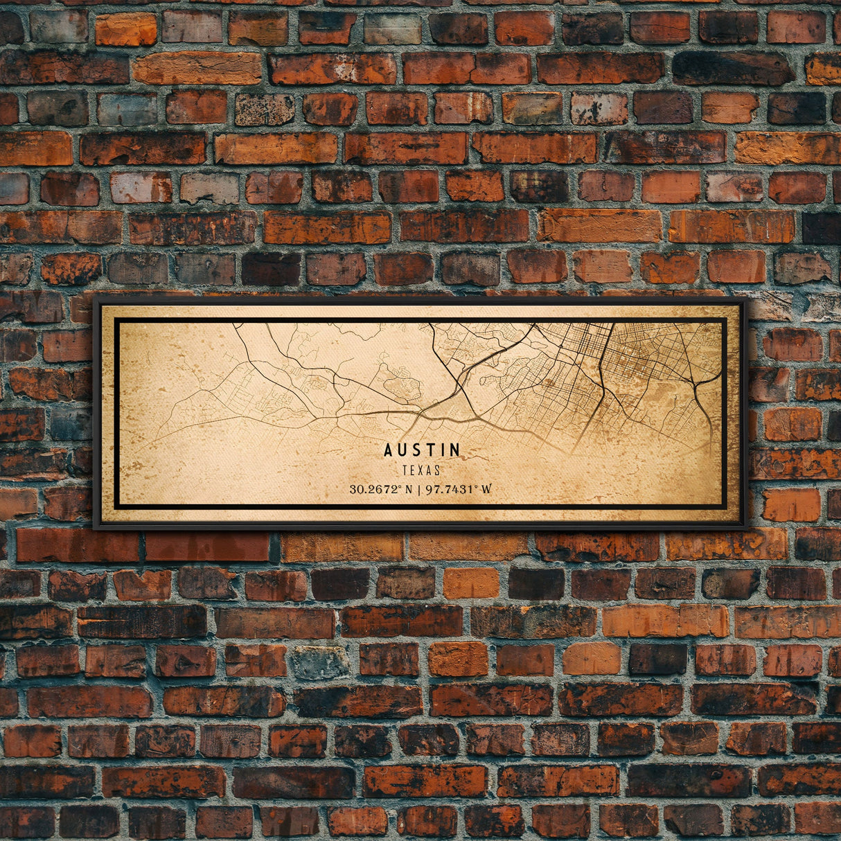 Panoramic Austin Map Print Canvas or Poster, Texas Map Art, Texas Map Print, Vintage Texas Map Framed Art, Retro / Distressed Office Art