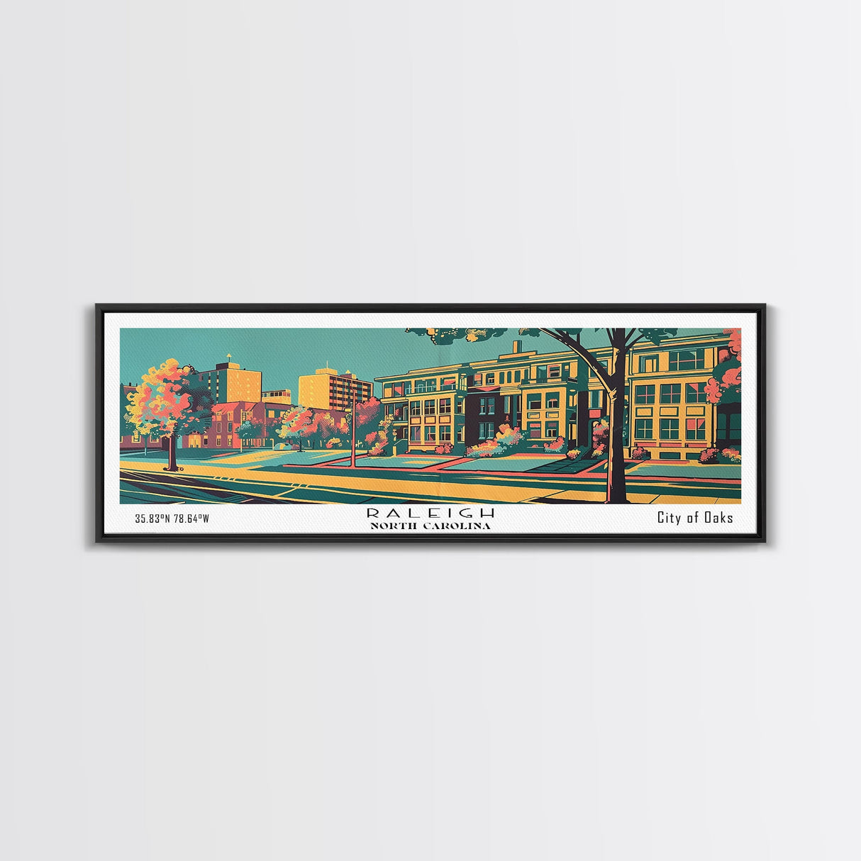 Raleigh North Carolina Panoramic Wall Art Framed Canvas Print, Travel Poster, Mid Century Modern Art, Pop Art Style, Wall Decor, Home Decor