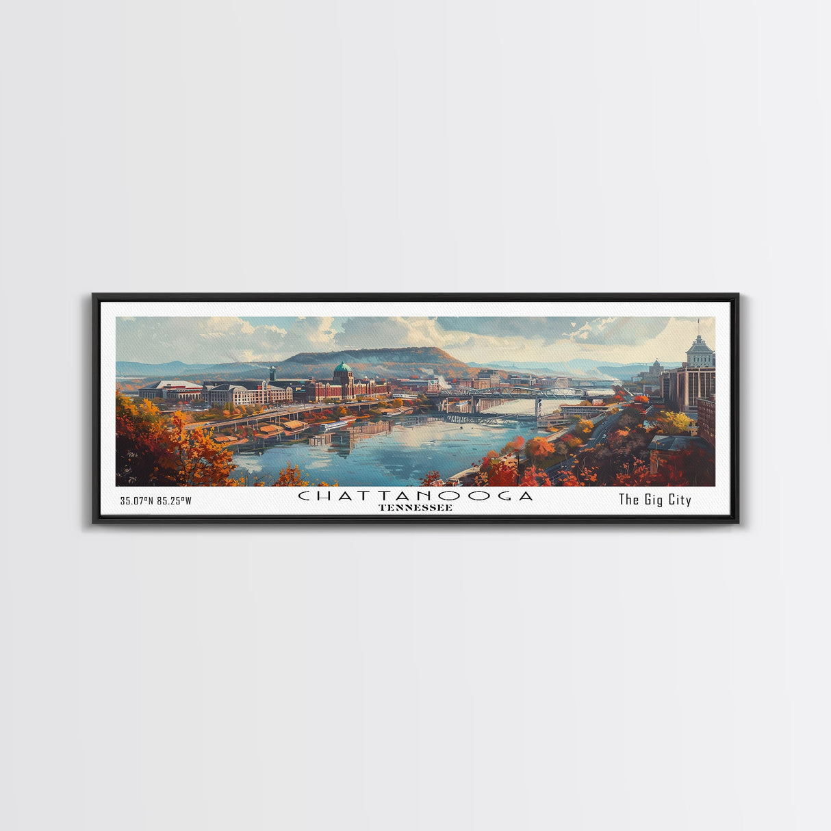 Chattanooga Tennessee Panoramic Watercolor Painting Framed Canvas Print, Travel Poster Art, Scenic Landscape, Living Room Decor, Wall Hanging, Office Art, Tennessee-Themed Gift
