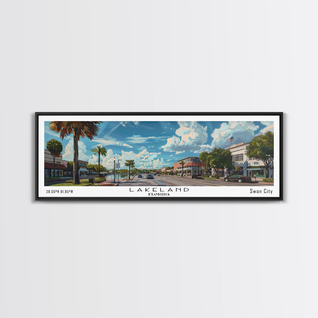 Lakeland Florida Panoramic Cityscape Wall Art, Watercolor Framed Canvas Print, Urban Painting for Living Room, Office Decor, Travel Poster