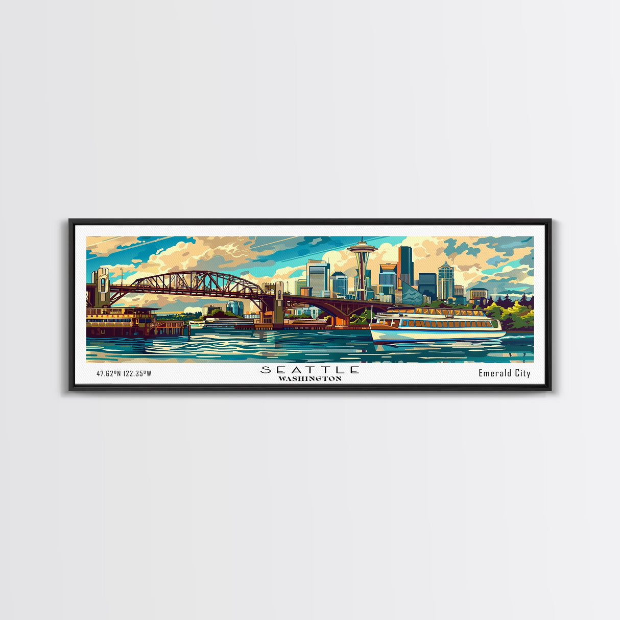 Seattle Washington Panoramic Painting, Mid Century Modern Framed Canvas Print, Retro Style Wall Art, Pop Art Travel Poster