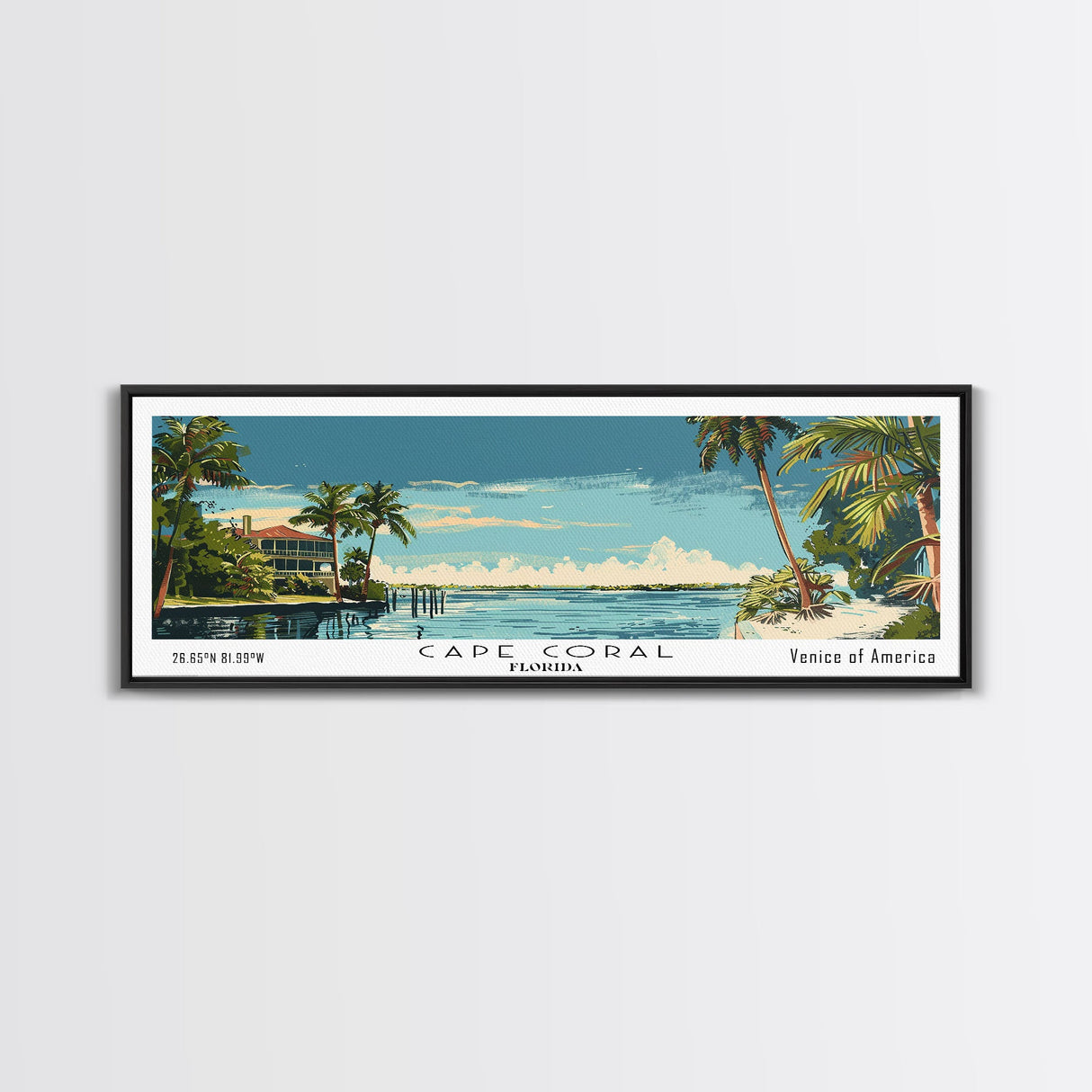 Cape Coral Florida Panoramic Painting, Mid Century Modern Framed Canvas Print, Retro Pop Art Travel Poster, Home Decor, City Print