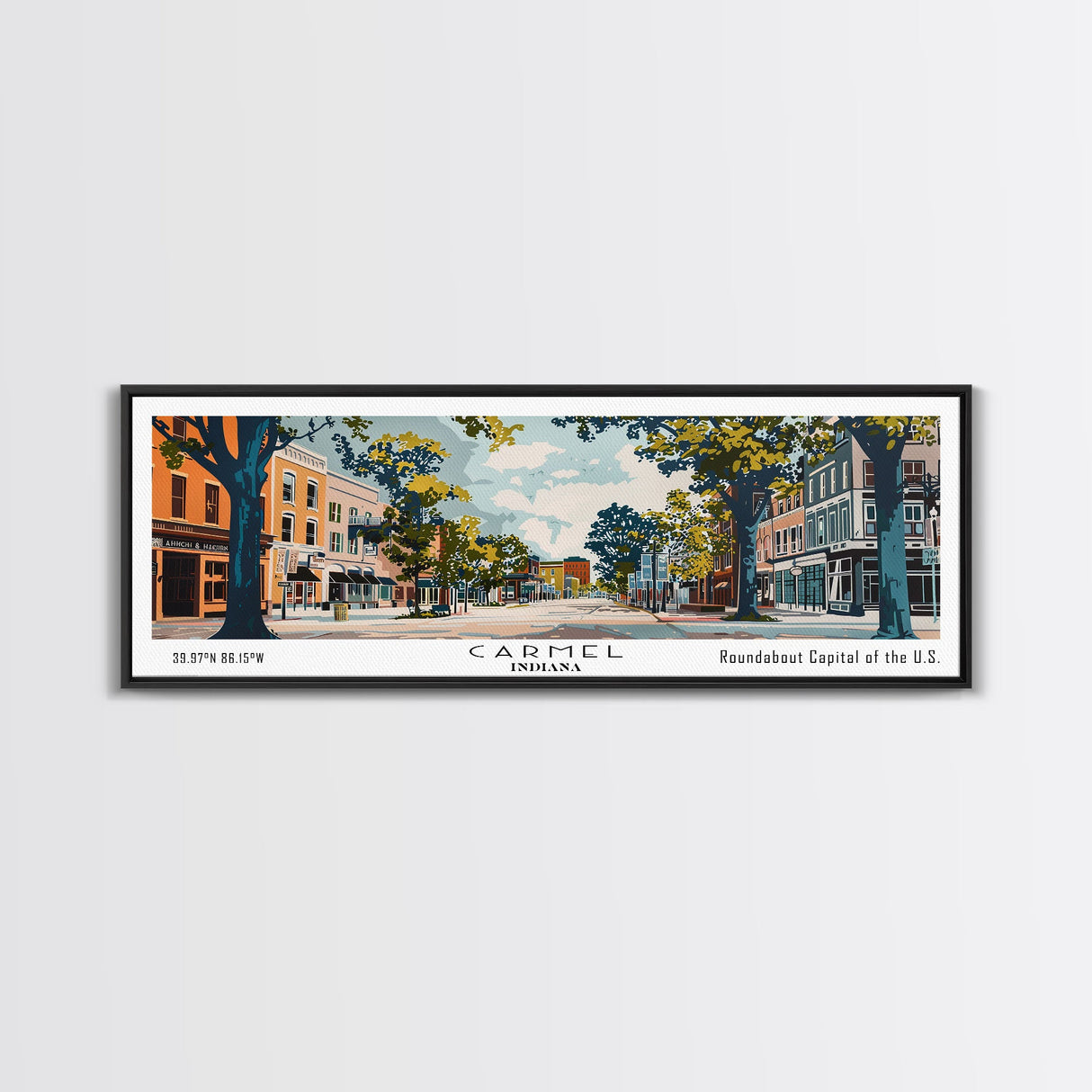 Carmel Indiana Panoramic Painting, Mid Century Modern Framed Canvas Print, Retro Pop Art Travel Poster, Home Decor, City Art