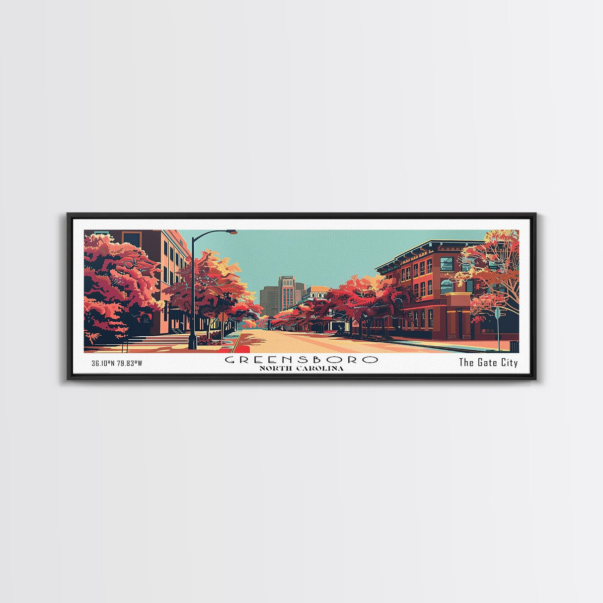 Greensboro North Carolina Panoramic Wall Art, Mid Century Modern Framed Canvas Print, Retro Pop Art Travel Poster, City Art, Living Room Decor, Home Office Decor