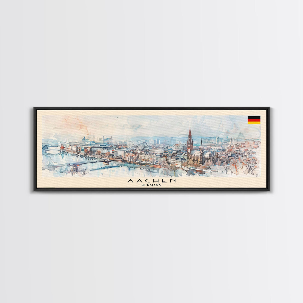 Aachen Germany Panoramic Travel Poster, Framed Canvas Print or Metal Wall Art, Travel Art, Home Decor, Panoramic Painting, Midcentury Art