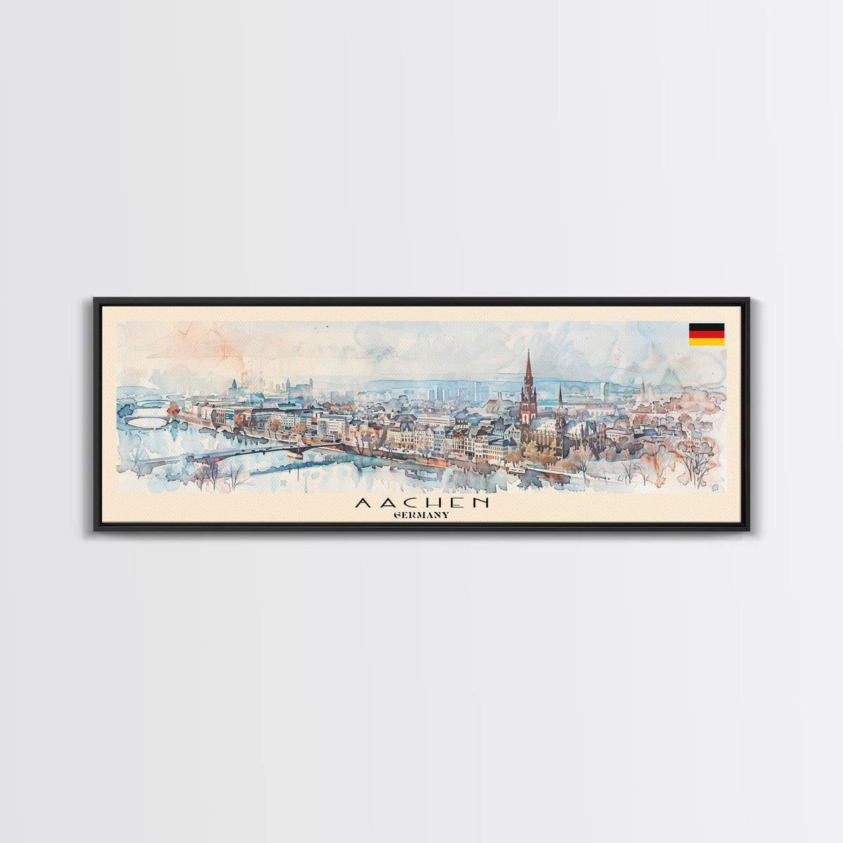 Aachen Germany Panoramic Travel Poster, Framed Canvas Print or Metal Wall Art, Travel Art, Home Decor, Panoramic Painting, Midcentury Art