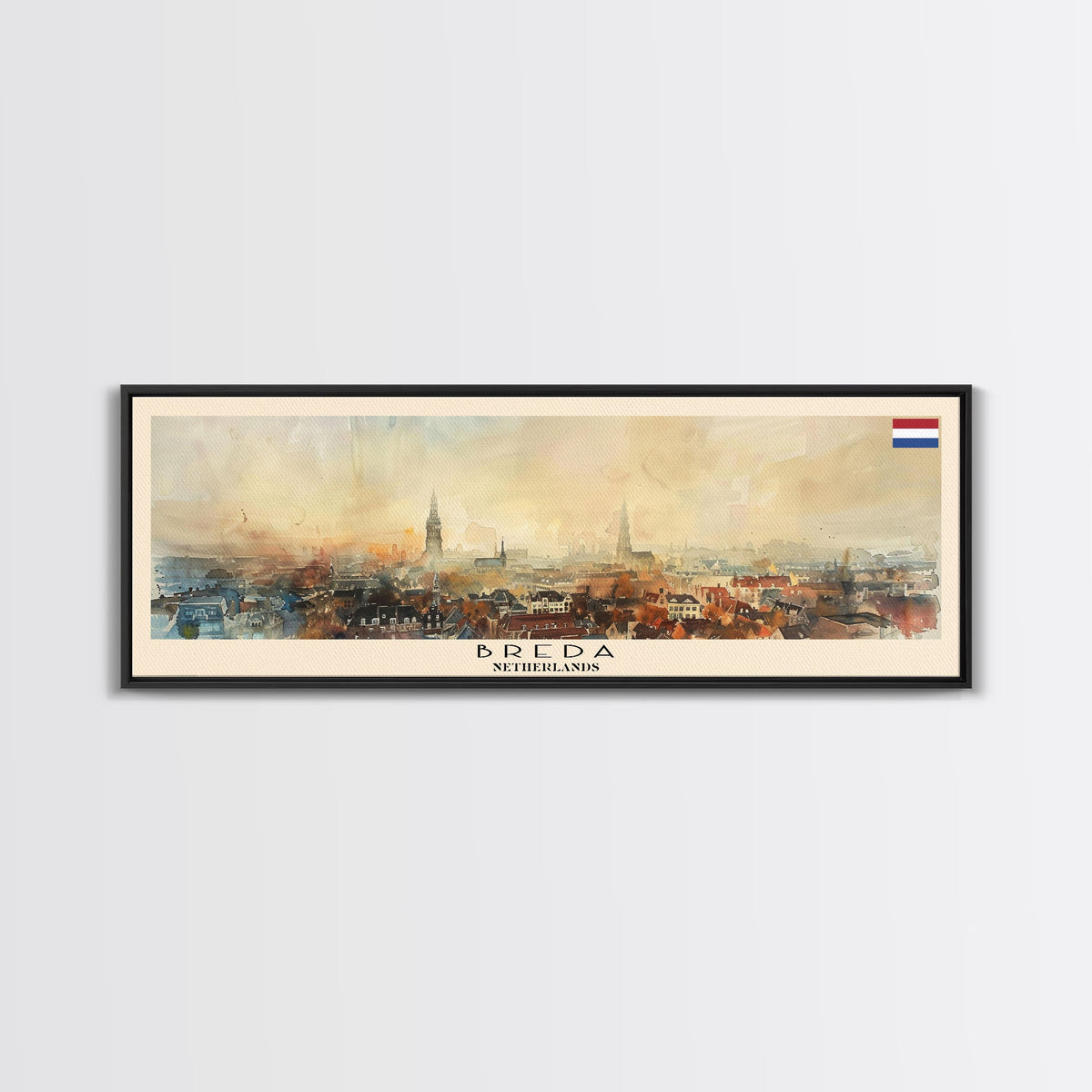 Breda Netherlands Panoramic Travel Poster, Framed Canvas Print or Metal Wall Art, Travel Art, Home Decor, Panoramic Painting, Midcentury Art