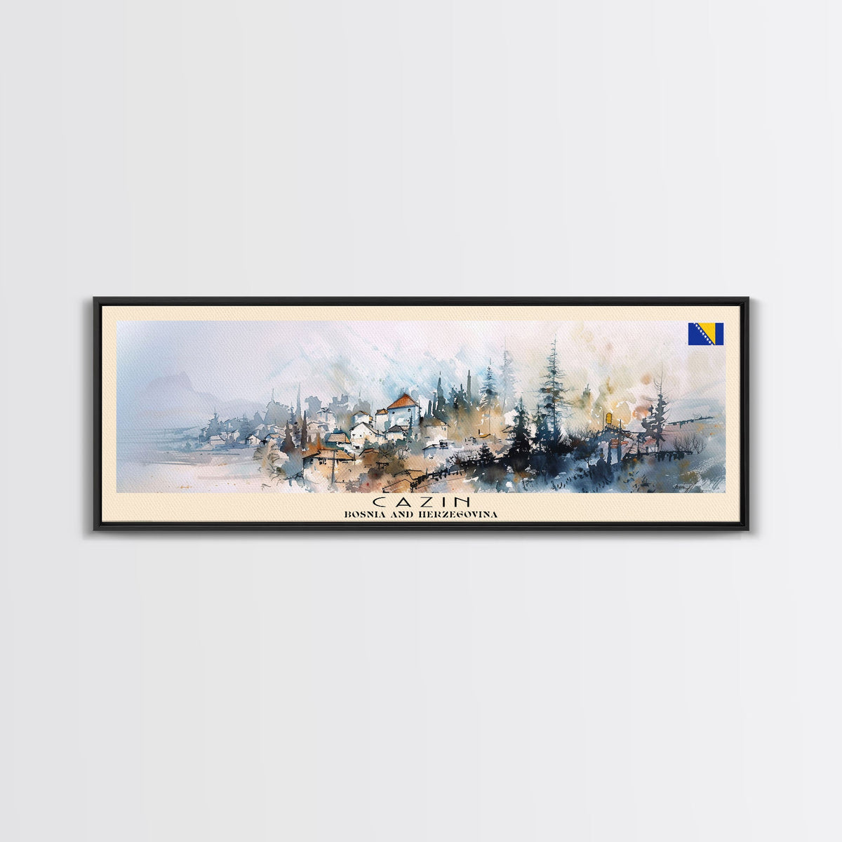Cazin Bosnia Travel Art, City Art, Framed Canvas Print or Metal Wall Art, Europe Travel Poster, Panoramic Wall Art, Extra Wide Wall Art