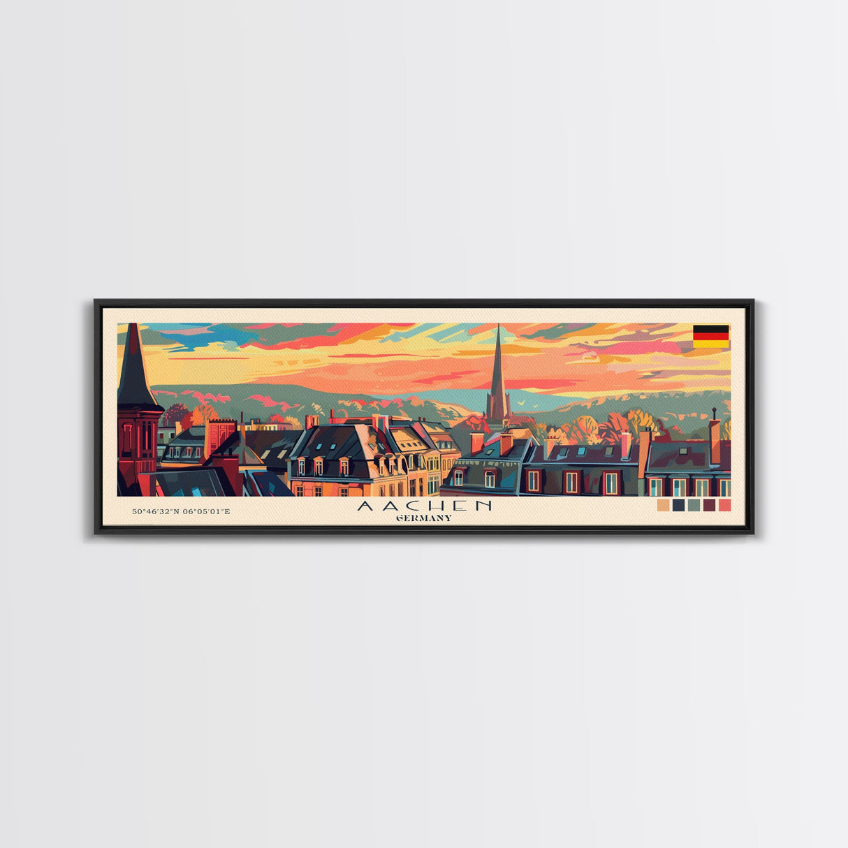 Aachen Germany Panoramic Travel Poster, Framed Canvas Print or Metal Wall Art, Travel Art, Home Decor, Panoramic Painting, Midcentury Art