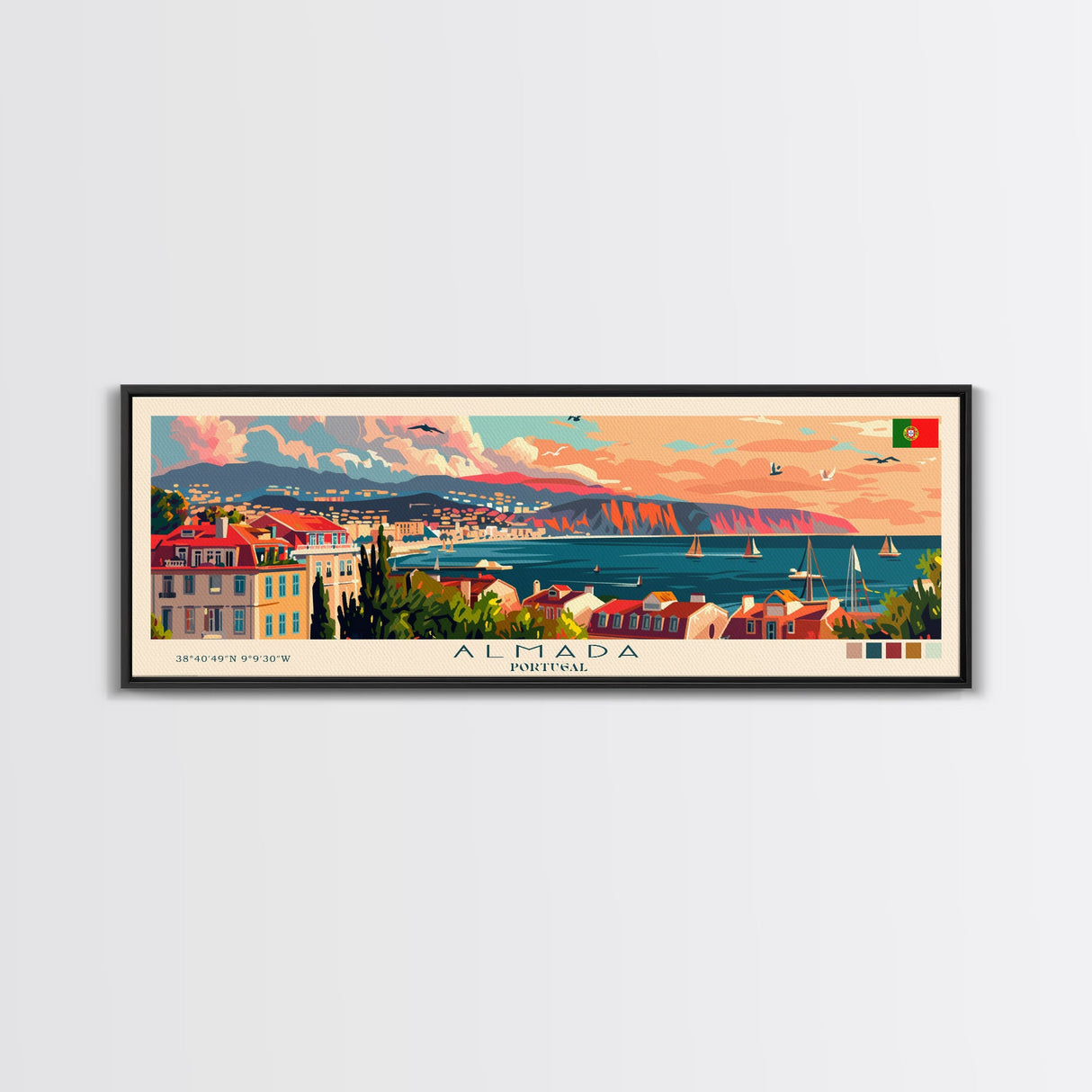 Almada Portugal Travel Art, City Art, Framed Canvas Print or Metal Wall Art, Europe Travel Poster, Panoramic Wall Art, Extra Wide Wall Art