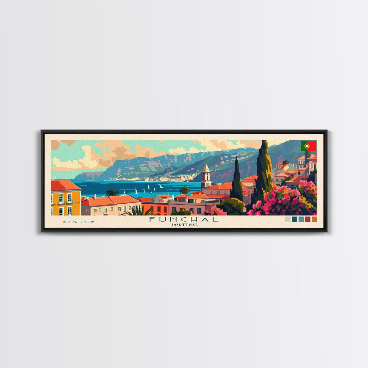 Funchal Portugal Travel Print Wall Art, Panoramic City Art, Travel Art, Wall Decor, Vacation Gift, Framed Canvas Print Or Metal Art