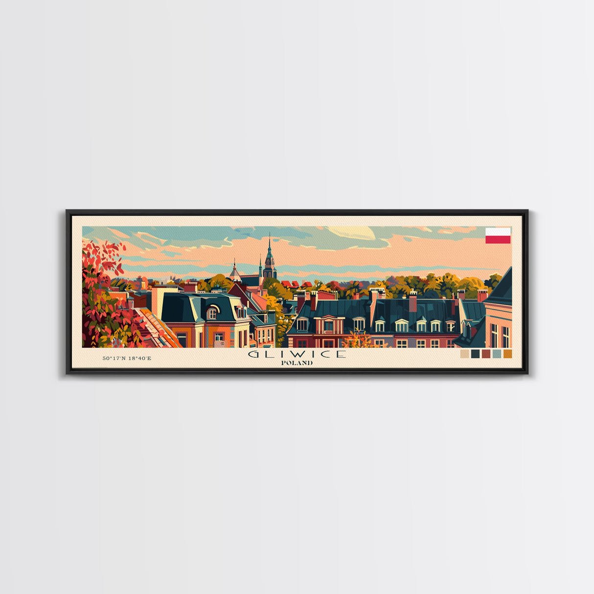 Gliwice Poland Panoramic Travel Poster, Framed Canvas Print or Metal Wall Art, Travel Art, Home Decor, Panoramic Painting, Midcentury Art