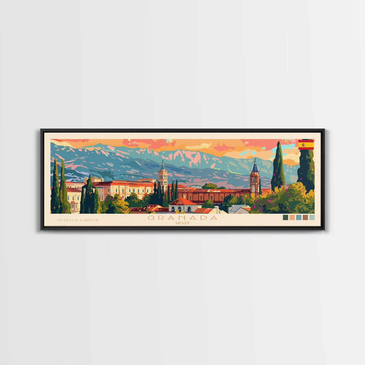 Granada Spain Panoramic Travel Poster, Framed Canvas Print or Metal Wall Art, Travel Art, Home Decor, Panoramic Painting, Midcentury Art