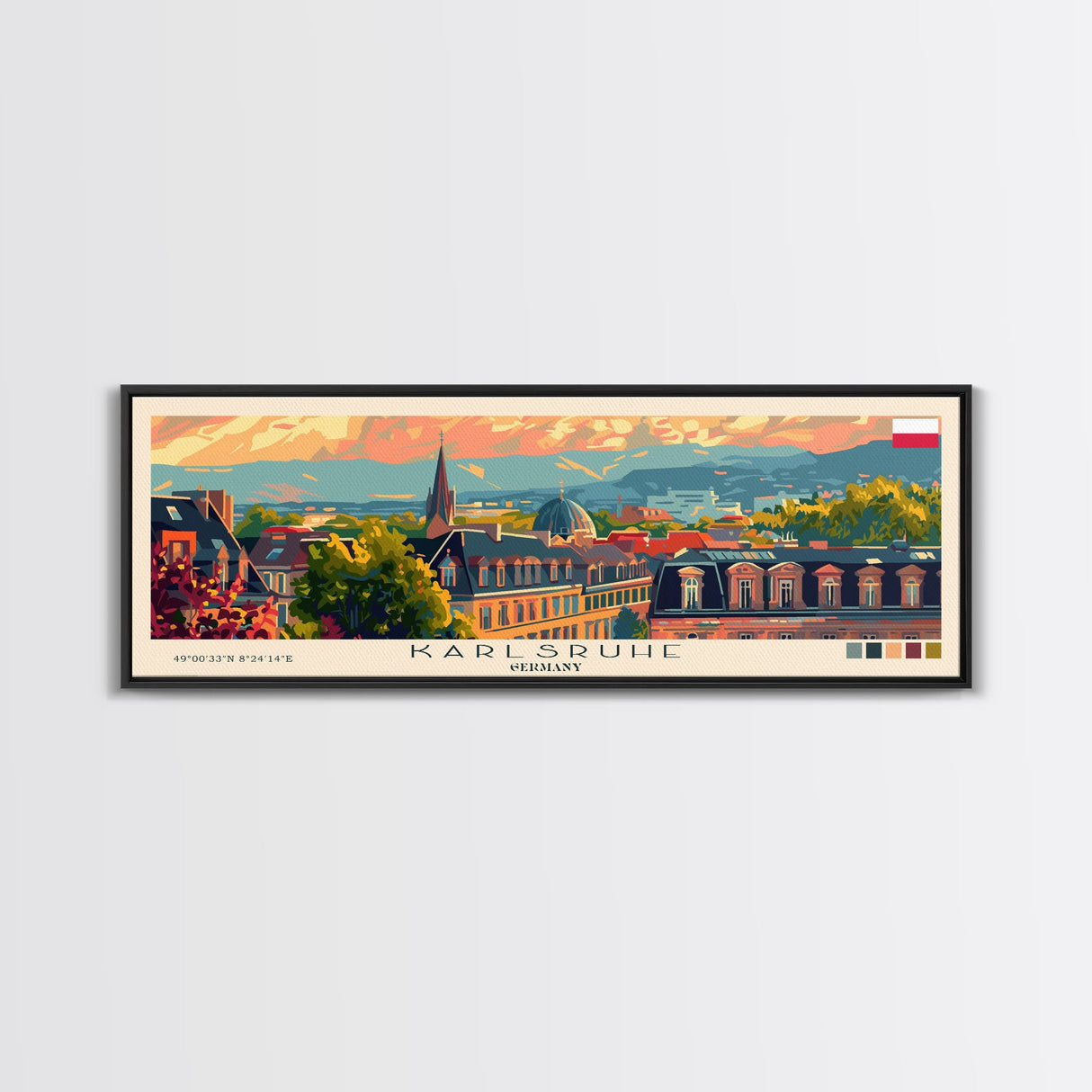 Karlsruhe Germany Panoramic Travel Poster, Framed Canvas Print or Metal Wall Art, Travel Art, Home Decor, Panoramic Painting, Midcentury Art