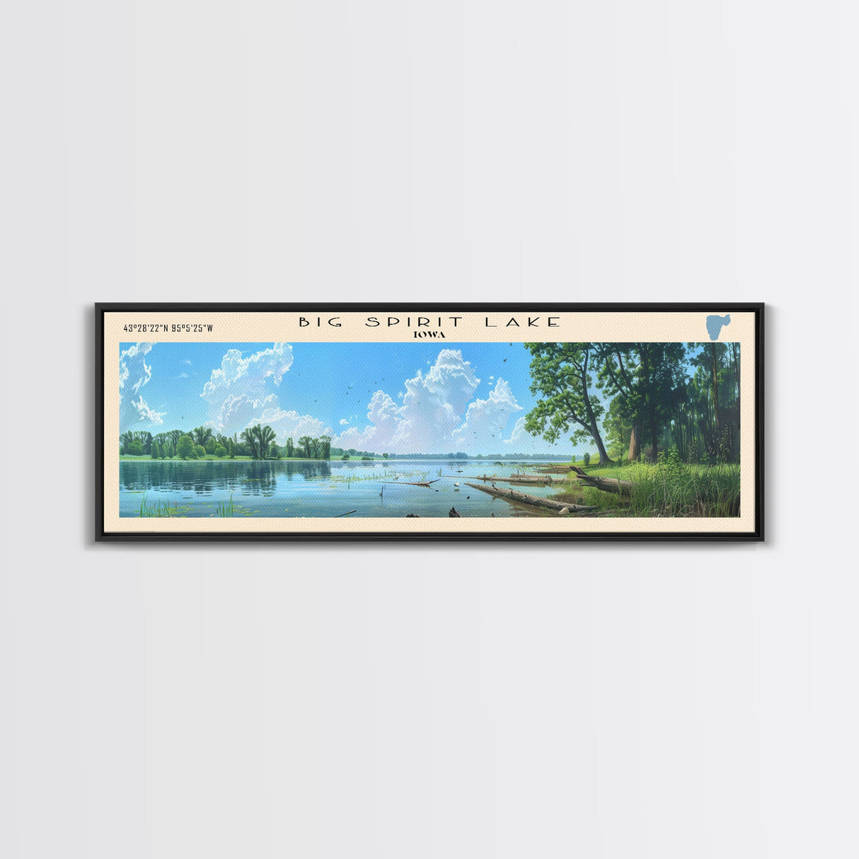 Big Spirit Lake Iowa Framed Canvas Print, Panoramic Lake House Decor, Scenic View, Travel Poster, Rustic Art, Lake Painting