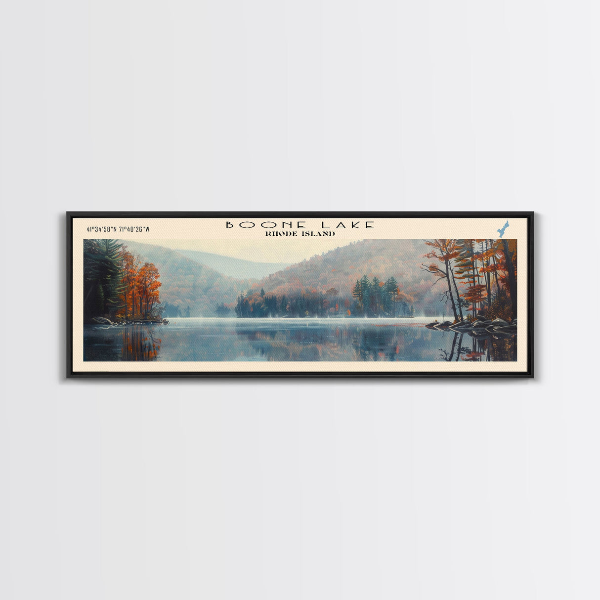 Boone Lake Rhode Island Framed Canvas Print, Panoramic Lake House Decor, Scenic View, Travel Poster, Rustic Art, Lake Painting