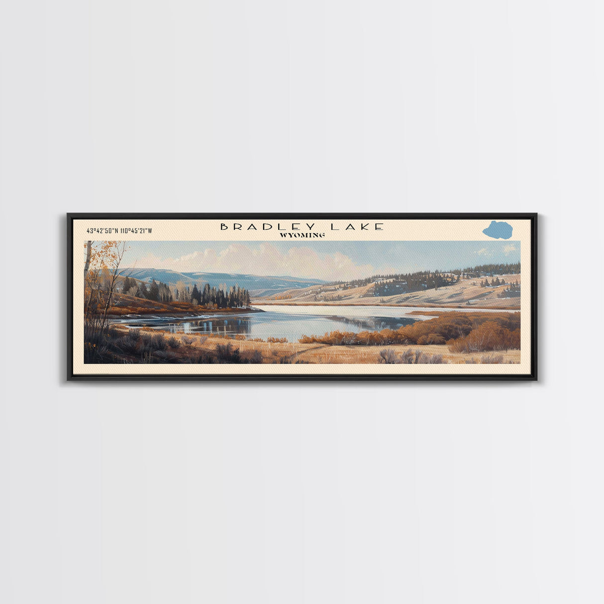 Bradley Lake Wyoming Framed Canvas Print, Panoramic Lake House Decor, Wall Art, Travel Poster, Rustic Lake Painting, Nature Art