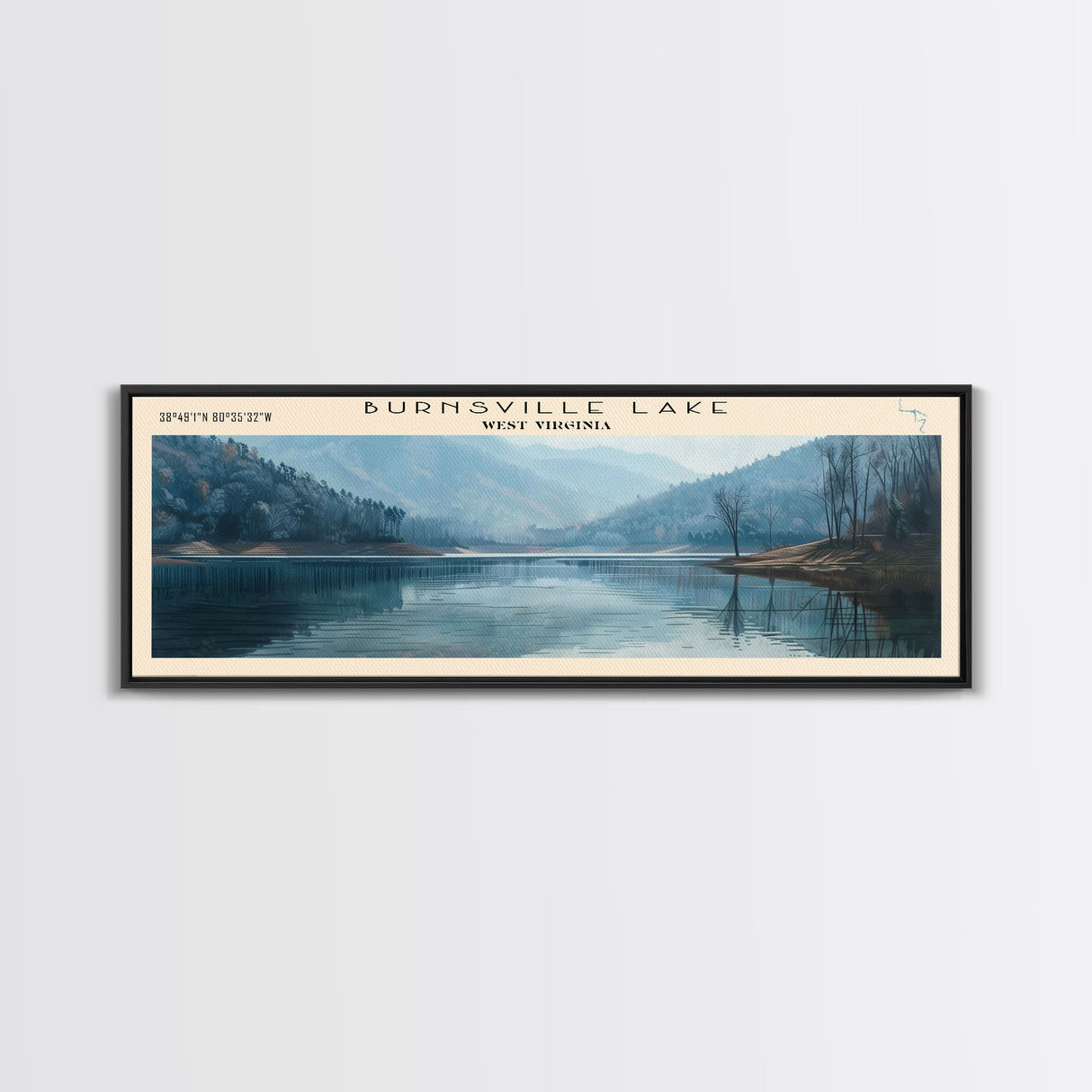 Burnsville Lake West Virginia Framed Canvas Print, Panoramic Lake House Decor, Wall Art, Travel Poster, Modern Lake Painting, Nature Art