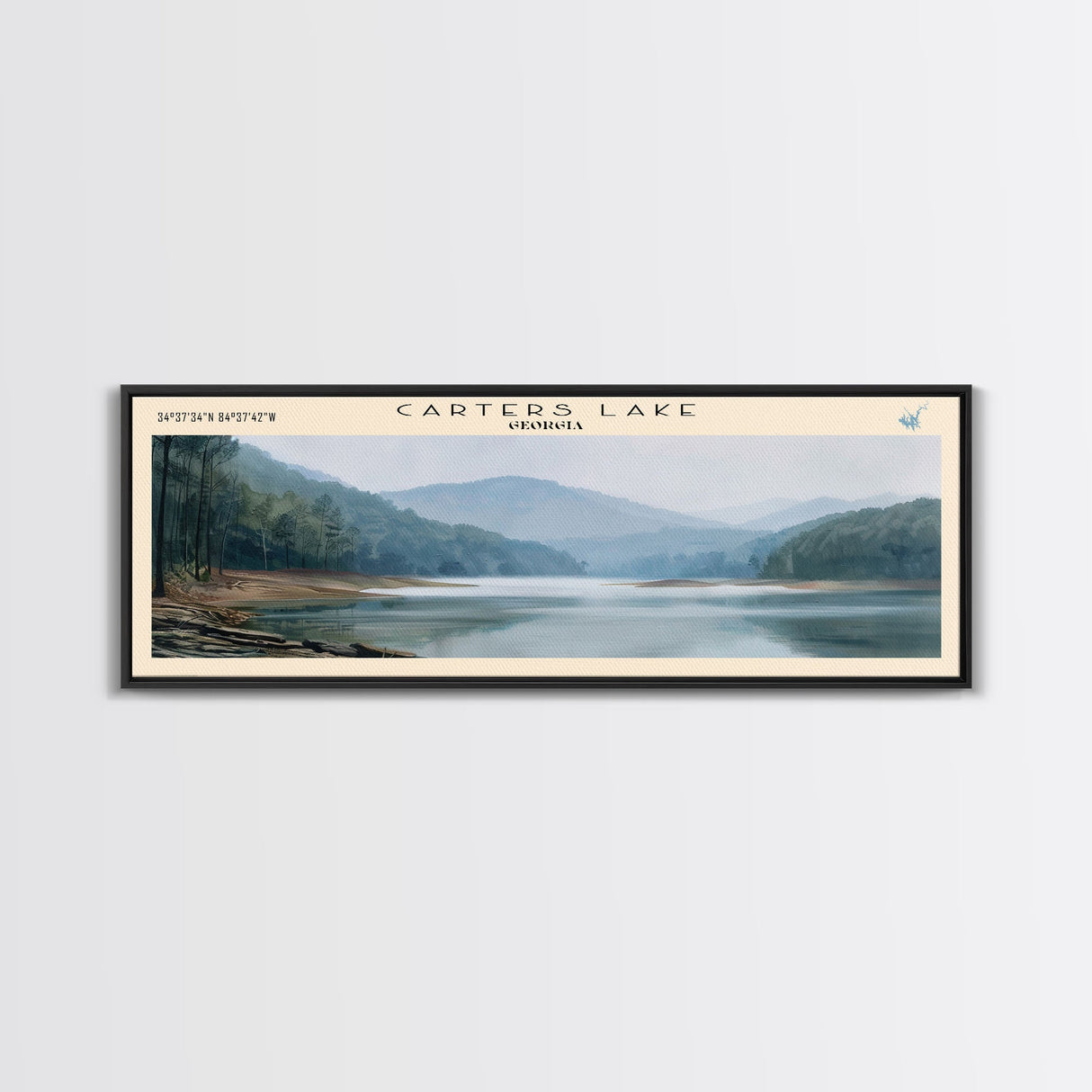 Carters Lake Georgia Framed Canvas Print, Panoramic Lake House Decor, Wall Art, Travel Poster, Rustic Lake Painting, Nature Art