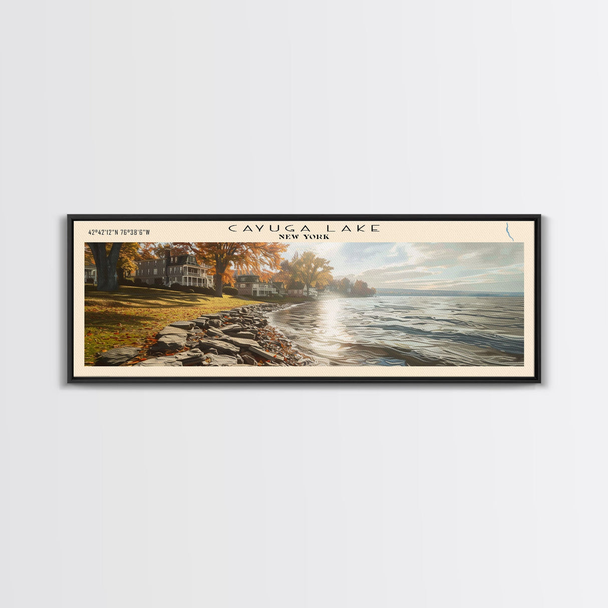 Cayuga Lake New York Framed Canvas Print, Lake House Art, Panoramic Travel Poster, Wide Wall Art, Modern Lake Painting, Home Decor
