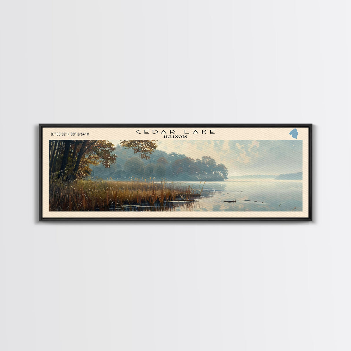 Cedar Lake Illinois Framed Canvas Print, Lake House Art, Panoramic Wide Art, Travel Poster, Minimalist Lake Painting, Home Decor