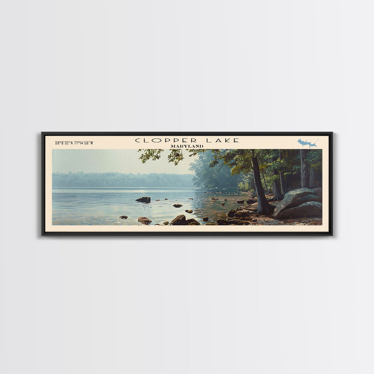 Clopper Lake Maryland Framed Canvas Print, Lake House Art, Panoramic Wide Art, Travel Poster, Minimalist Lake Painting, Home Decor
