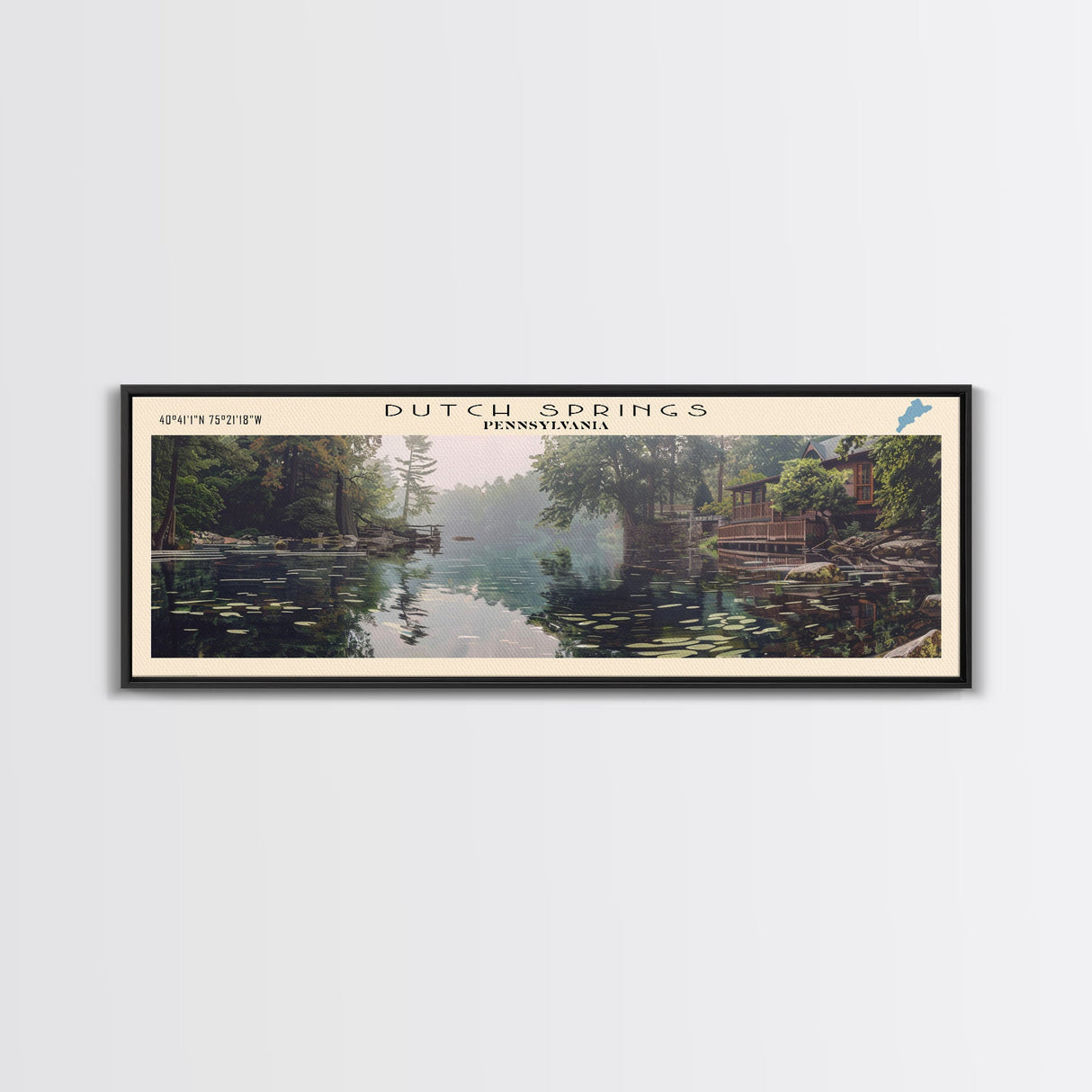 Dutch Springs Pennsylvania Framed Canvas Print, Lake House Art, Panoramic Wall Art, Travel Poster, Rustic Lake Painting, Home Decor