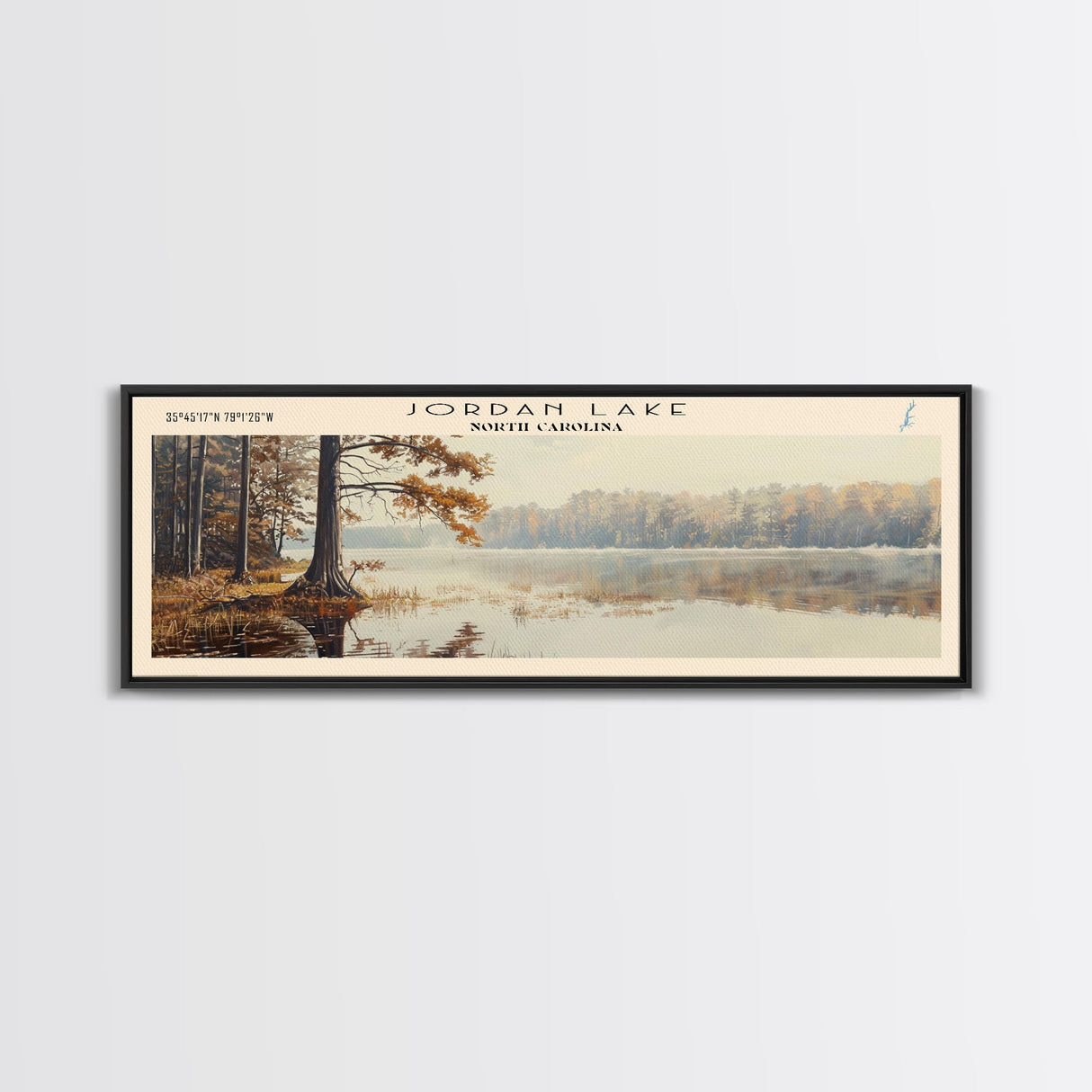 Jordan Lake North Carolina Framed Canvas Print, Lake House Art, Panoramic Travel Poster, Wall Art, Stunning Lake Painting, Home Decor
