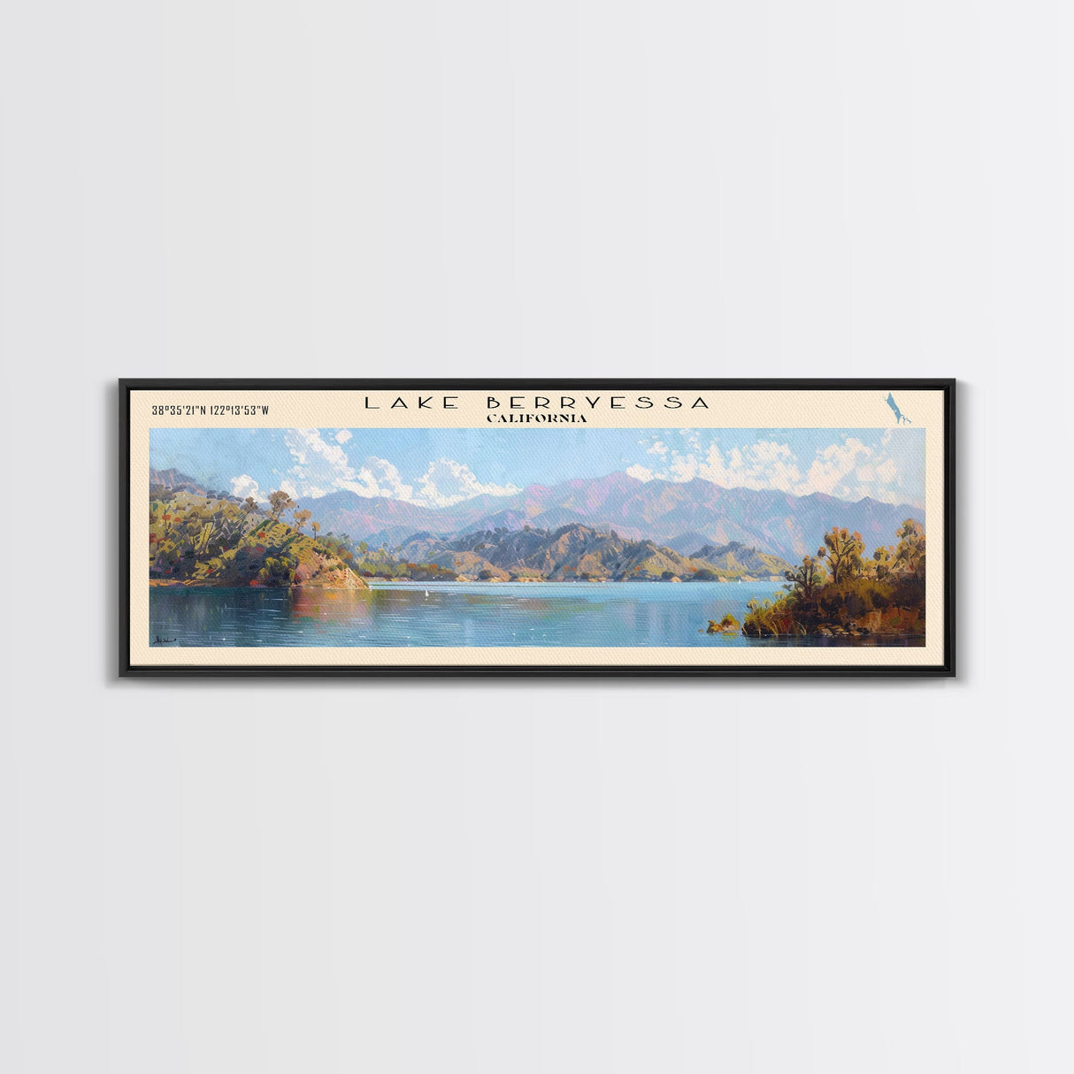 Lake Berryessa California Framed Canvas Print, Panoramic Lake House Decor, Wall Art, Travel Poster, Serene Lake Painting, Home Decor