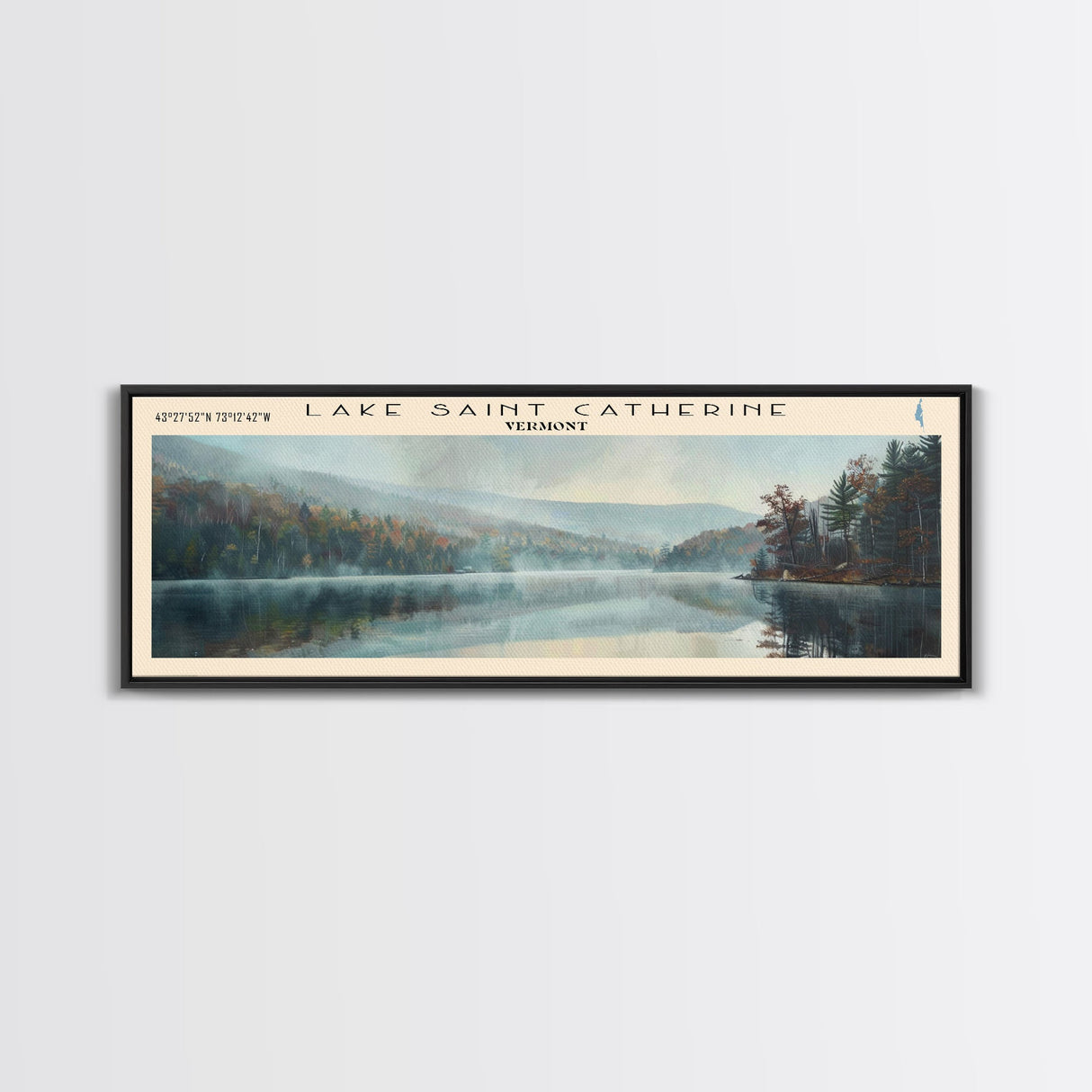 Lake Saint Catherine, Boho Art, Scenic Landscape, Travel Poster Art, Wall Art, Home Decor, Nature Scene, Lake Painting, Minimalist Art, Living Room Decor, Travel Print, Framed Canvas Print, Lake House Decor, Panoramic Print
