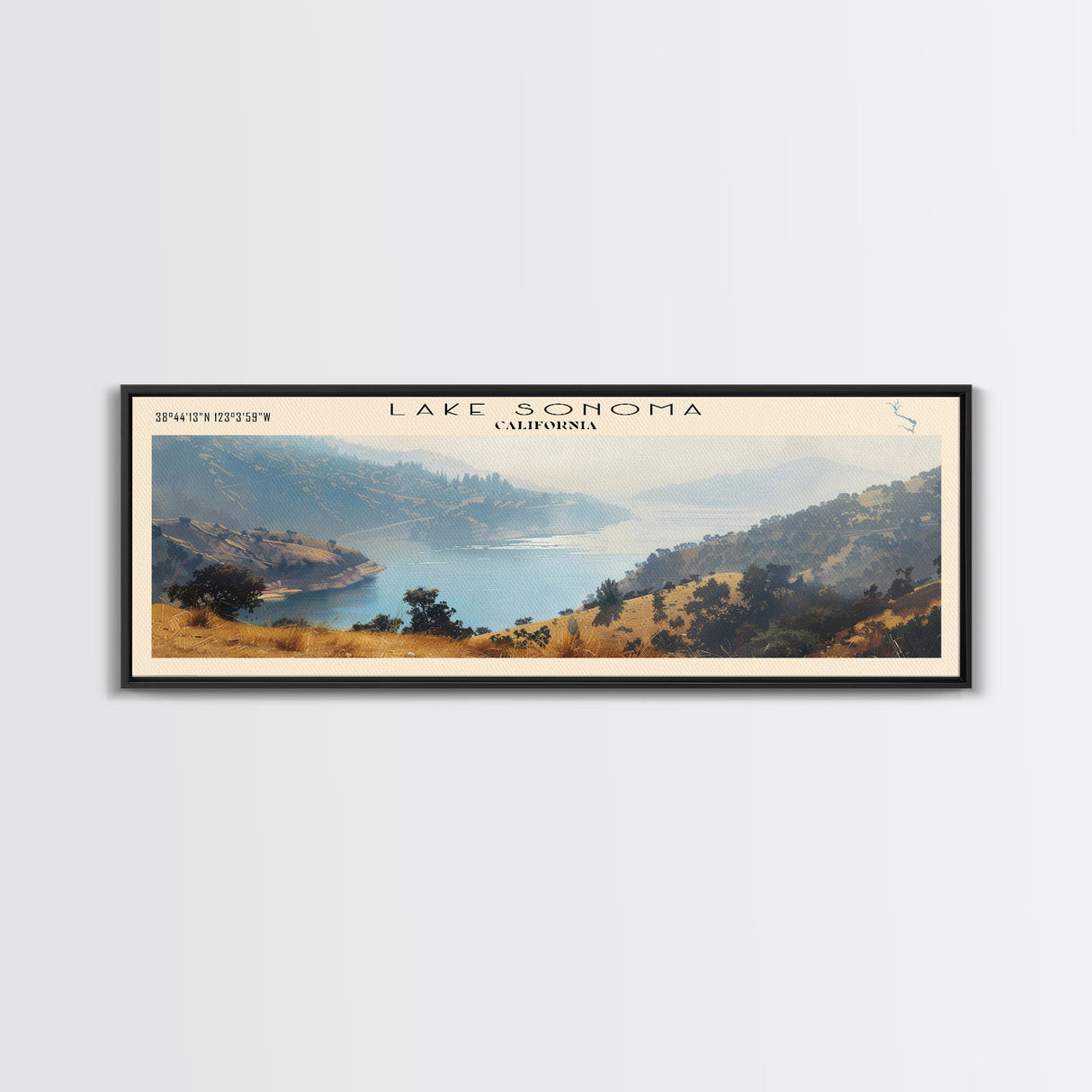 Lake Sonoma California Framed Canvas Print, Lake House Decor, Panoramic Wall Art, Travel Poster, Stunning Landscape Painting, Contemporary Art