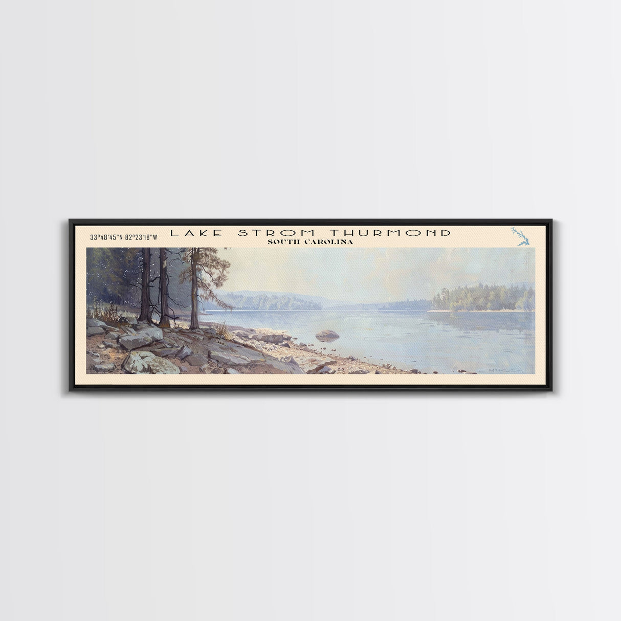 Lake Strom Thurmond South Carolina Framed Canvas Print, Lake House Decor, Panoramic Wall Art, Travel Poster, Serene Landscape Painting, Bedroom Decor