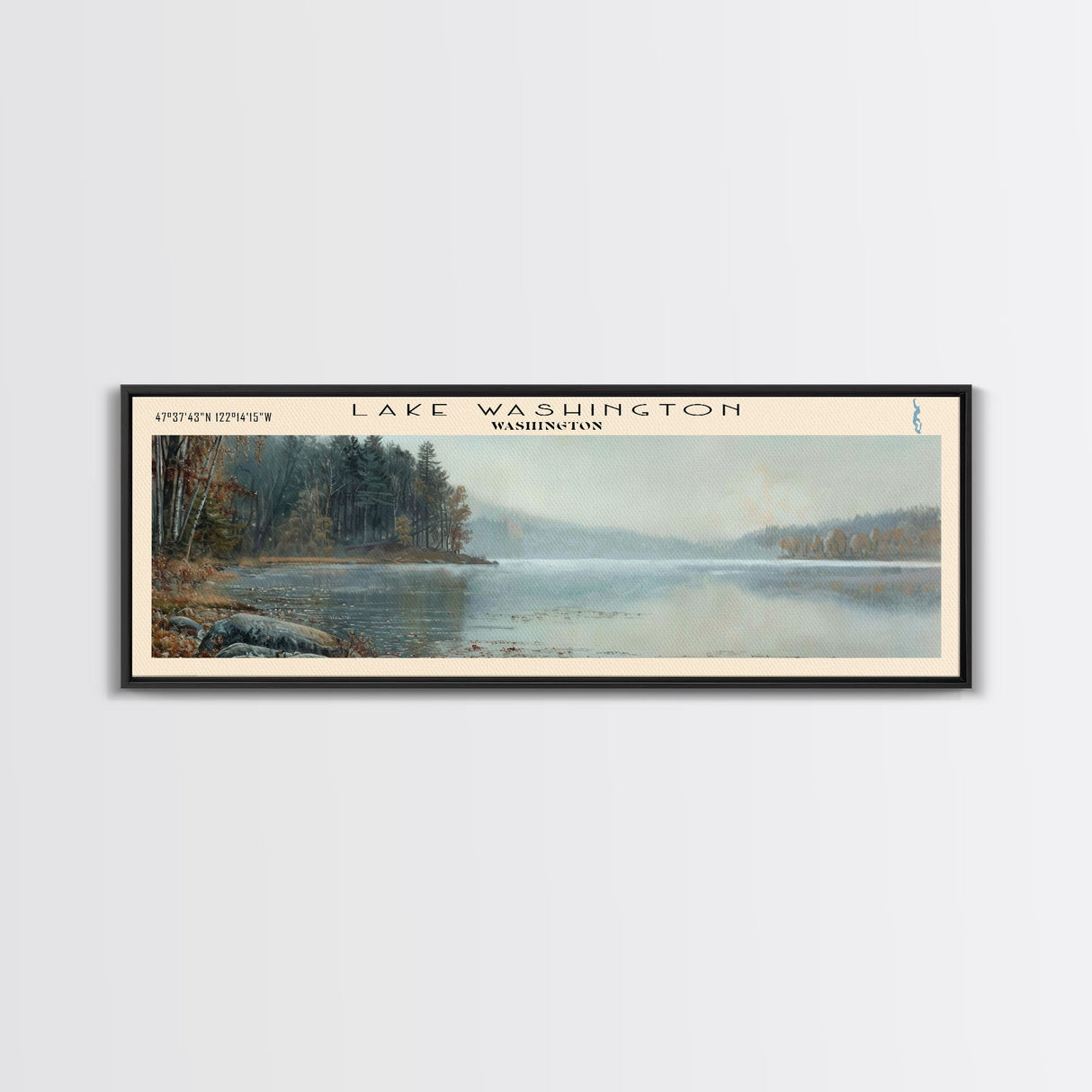 Lake Washington Washington Framed Canvas Print, Lake House Decor, Panoramic Wall Art, Travel Poster, Landscape Painting, Living Room Decor