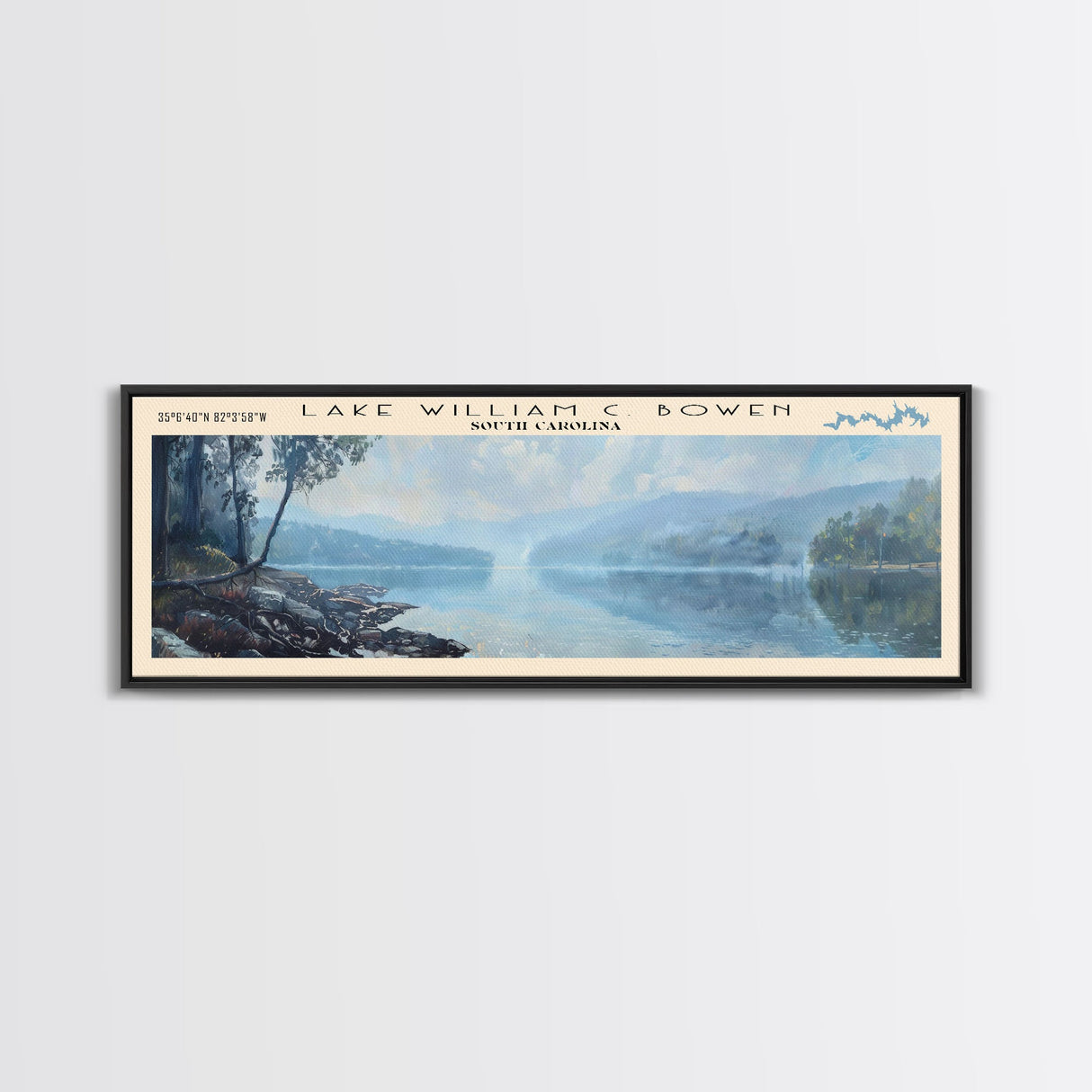 Lake William C Bowen South Carolina Framed Canvas Print, Lake House Decor, Panoramic Wall Art, Travel Poster, Landscape Painting, Bedroom Decor