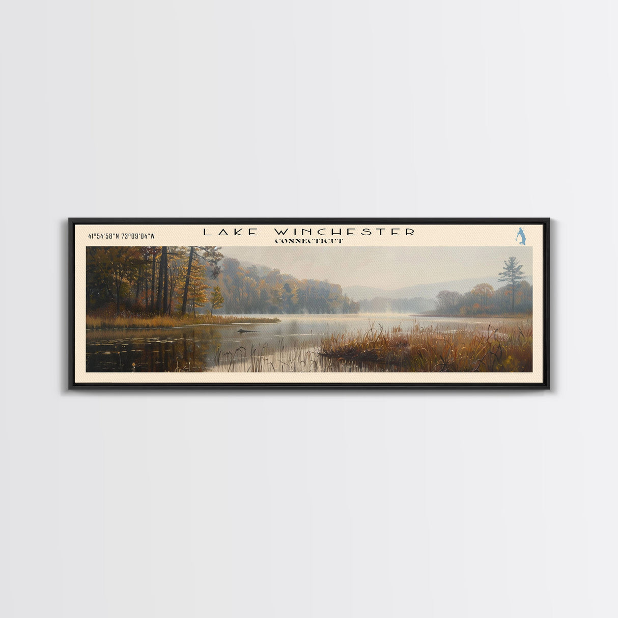 Lake Winchester Connecticut Framed Canvas Print, Lake House Decor, Panoramic Wall Art, Travel Poster, Landscape Painting, Contemporary Art