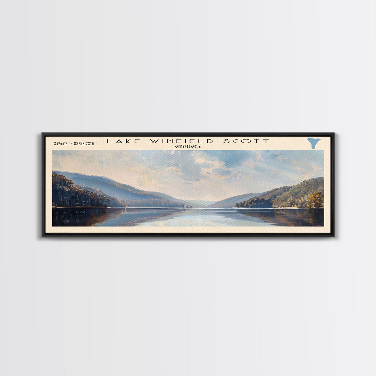 Lake Winfield Scott Georgia Framed Canvas Print, Lake House Decor, Panoramic Wall Art, Travel Poster, Scenic Landscape Painting, Rustic Art